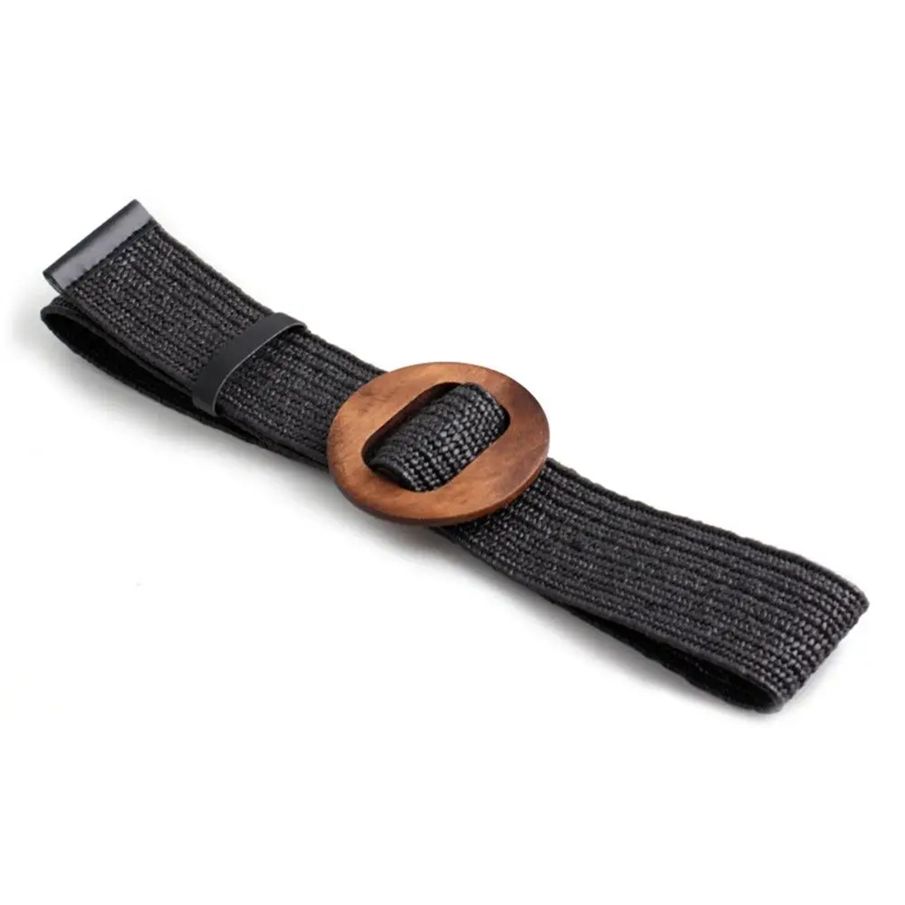 women's straw woven belt with wooden buckle wide braided dress belt