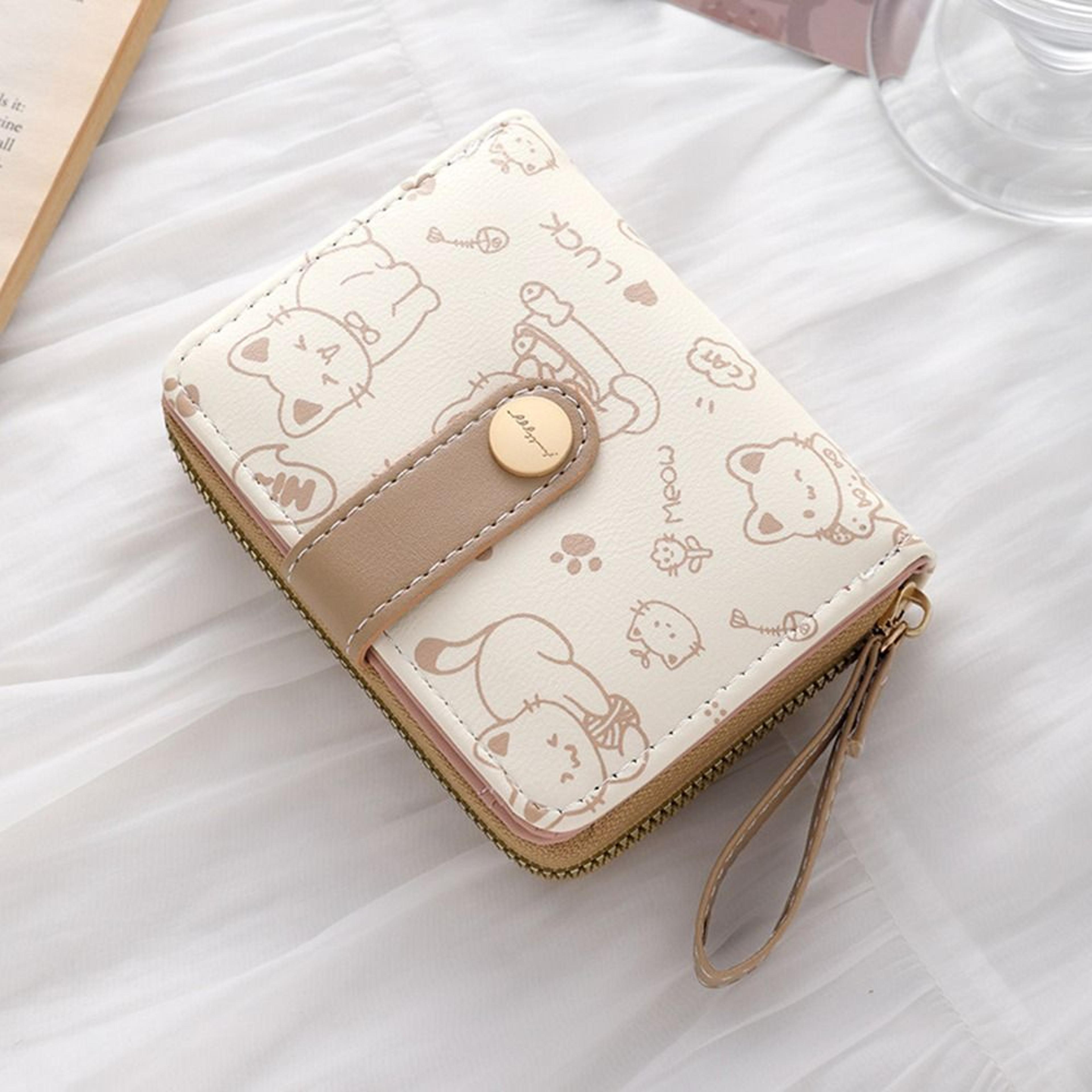 cute cat coin purse pu leather mini wallet with card holder and wrist strap