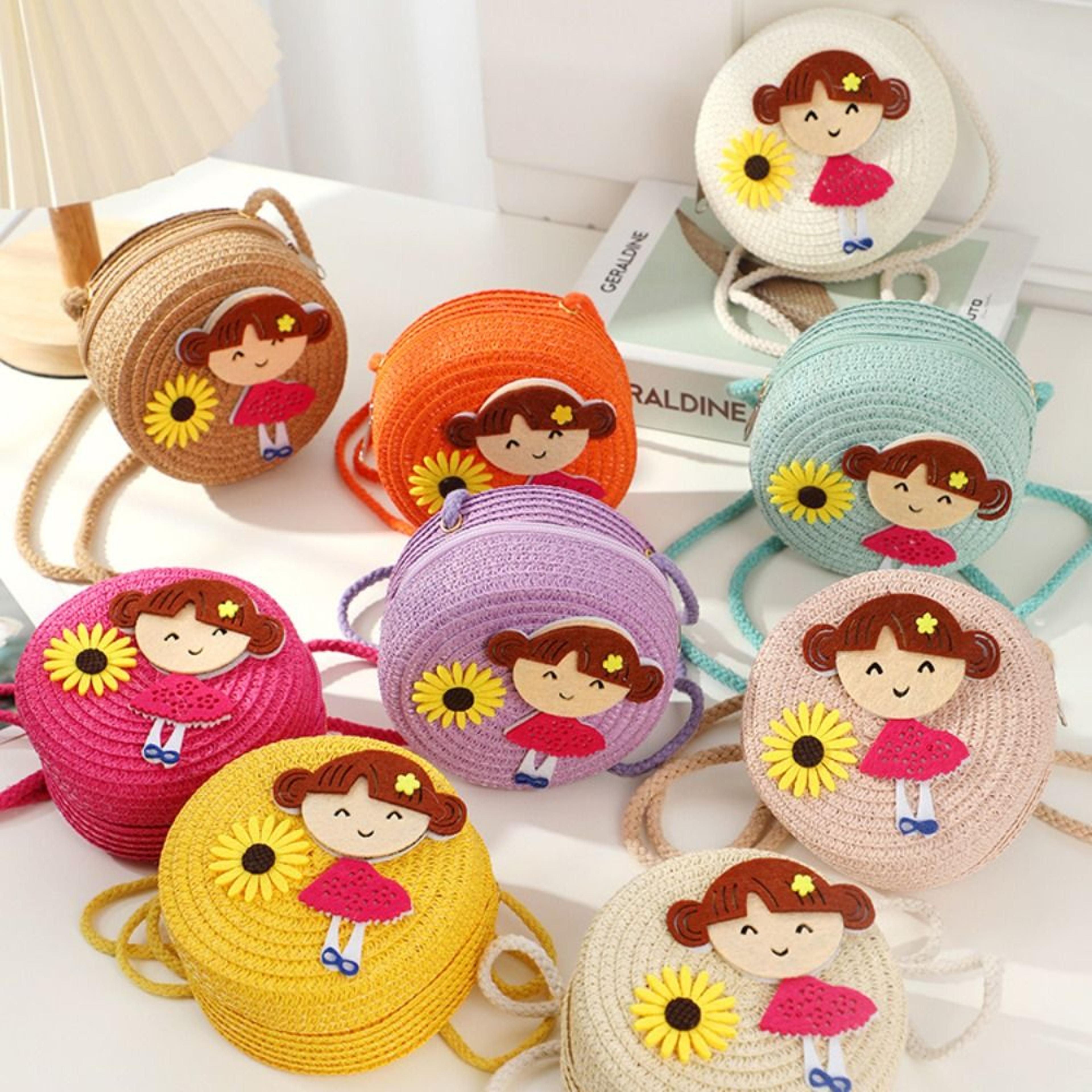 flower kids straw crossbody bag handmade woven summer purse for girls