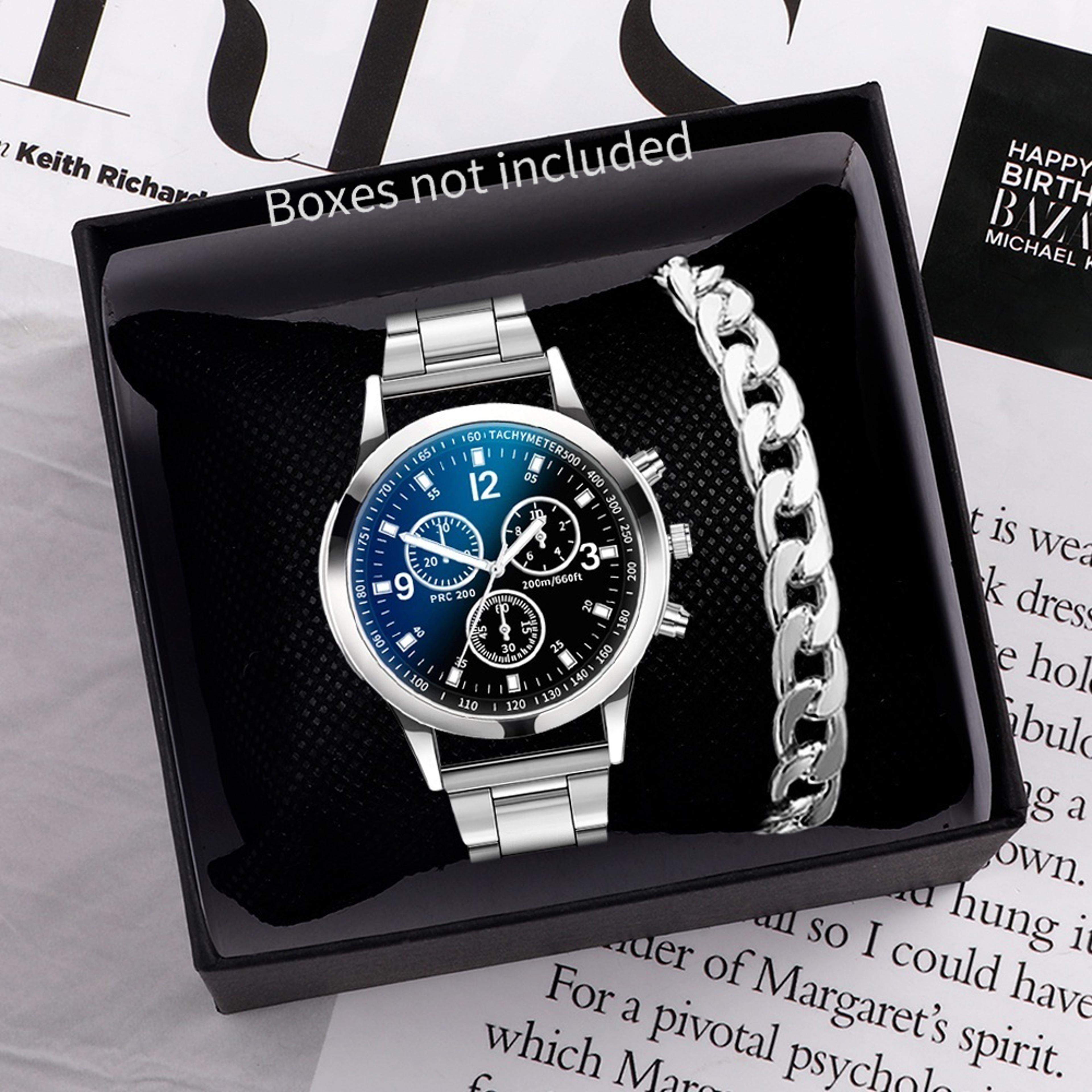 classic men's business watch with steel band quartz movement and matching bracelet