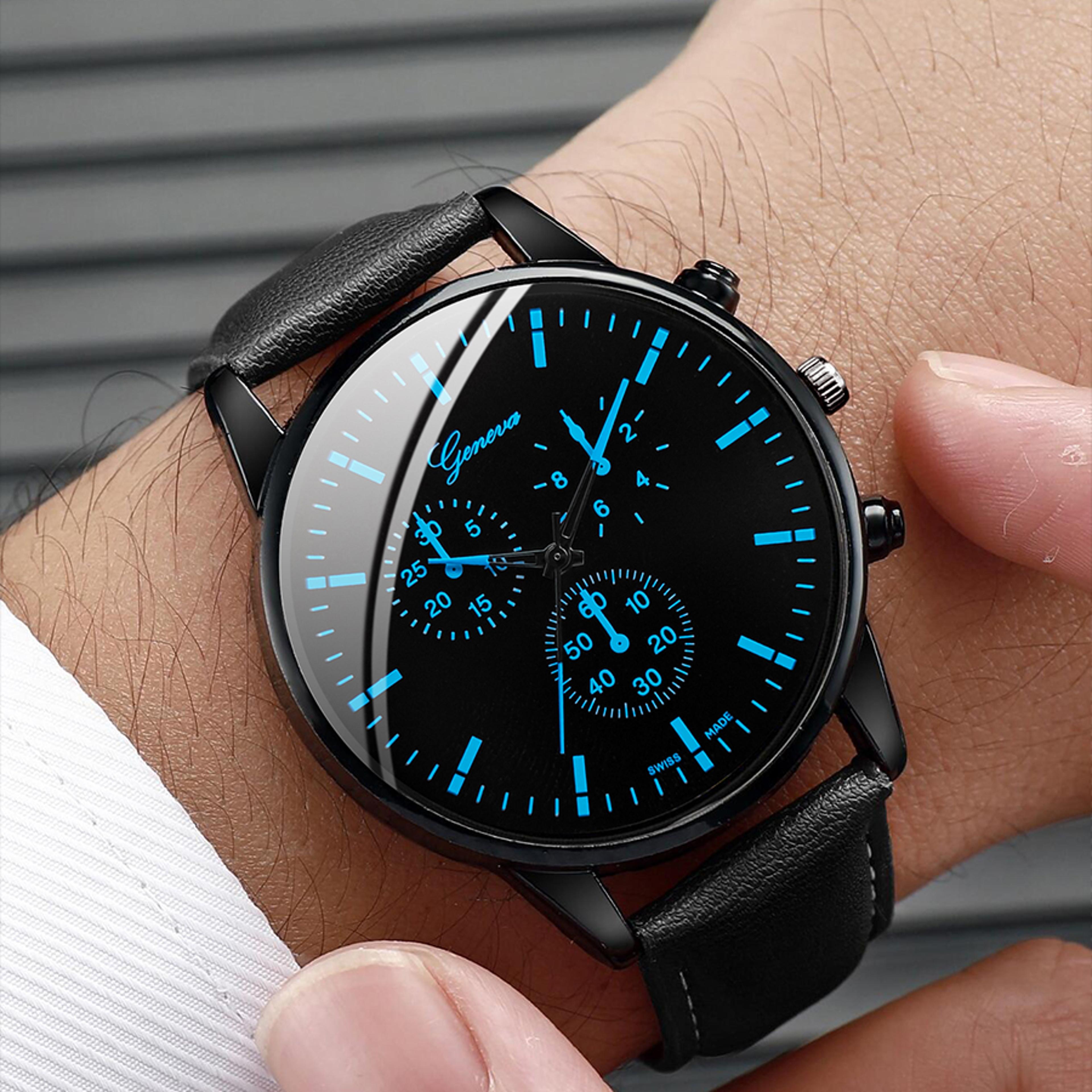 3 piece mens quartz watch leather band bracelet necklace gift set