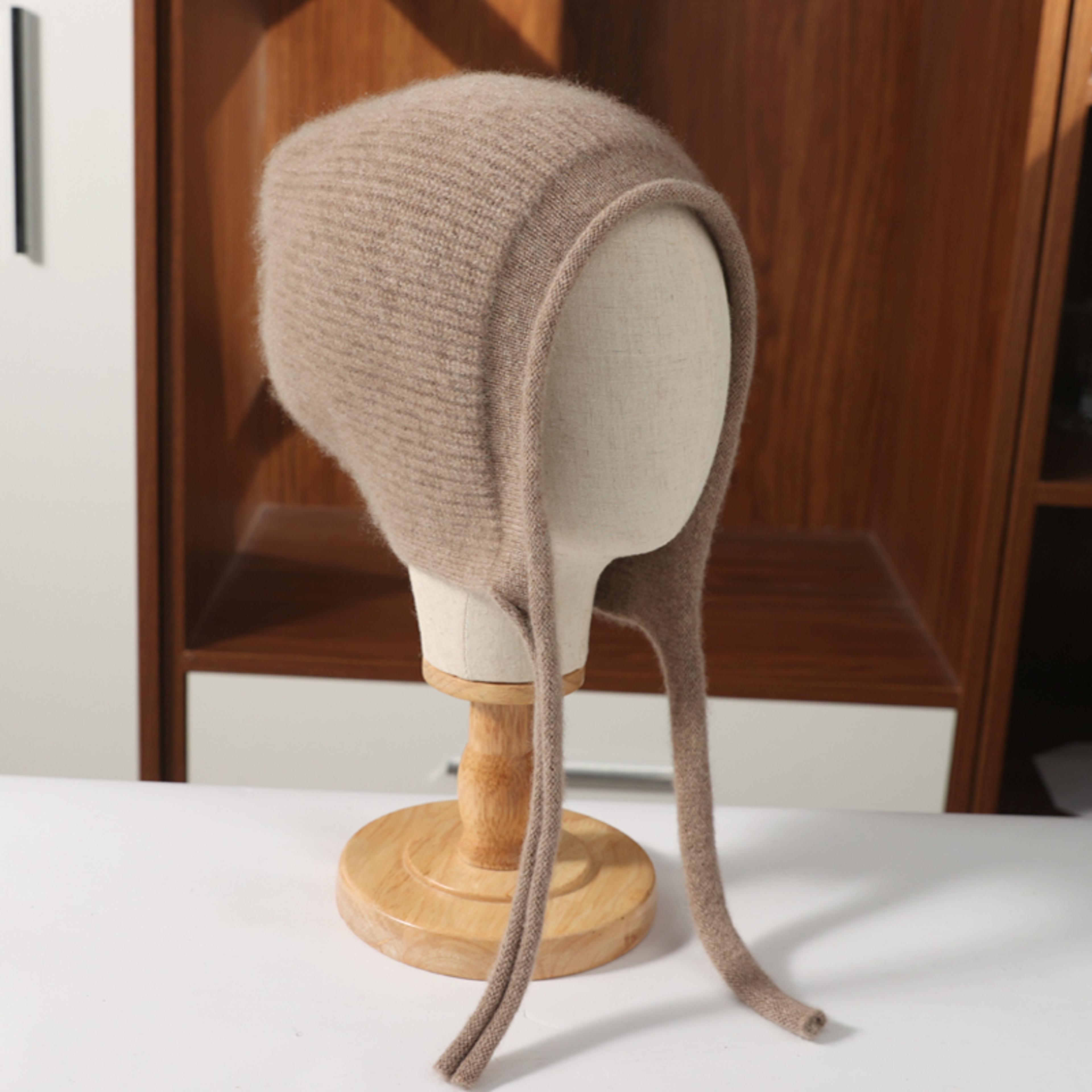 pure wool earflap beanie for women warm knitted winter hat with lace up ties