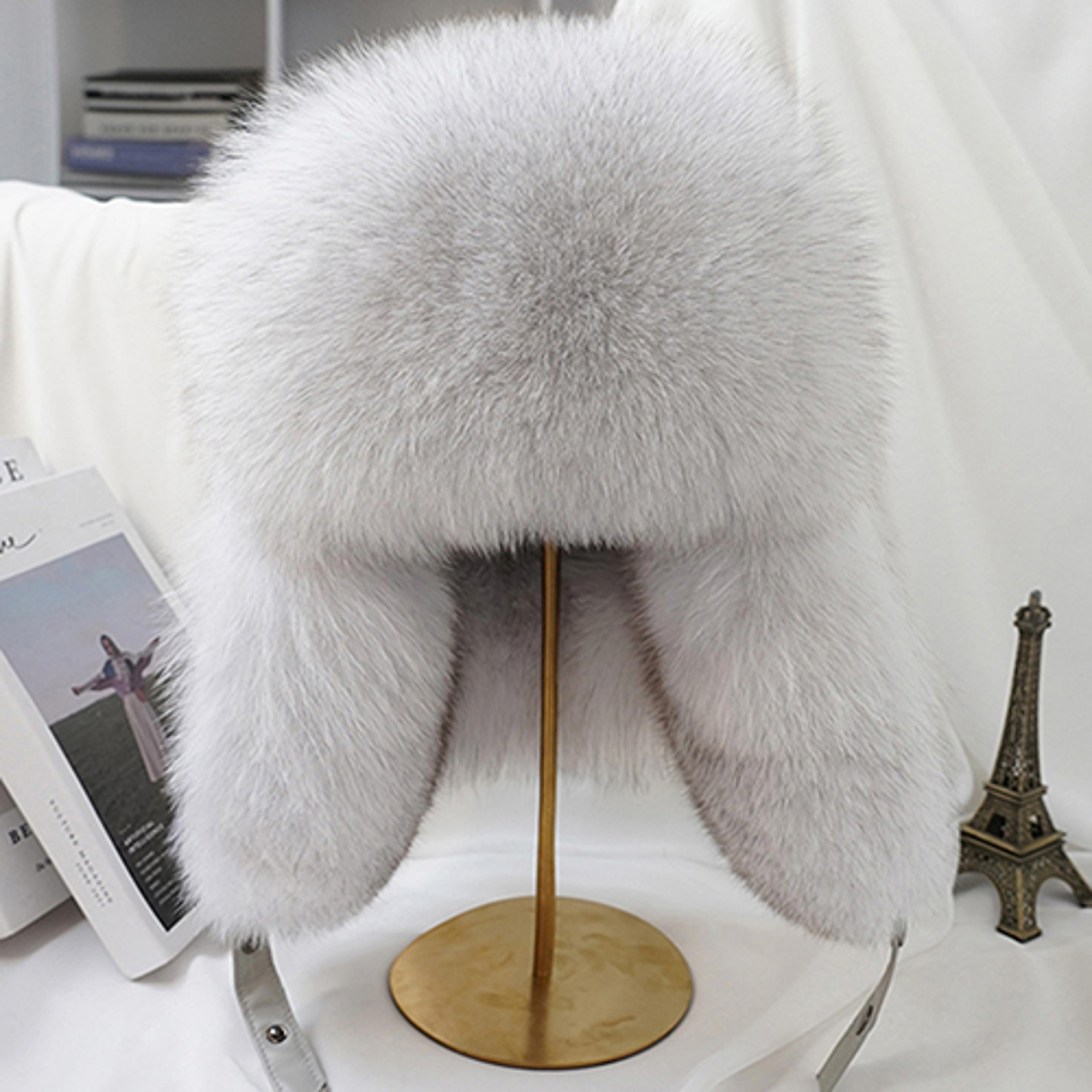 mens real silver fox fur ushanka trapper hat with leather winter ear protection