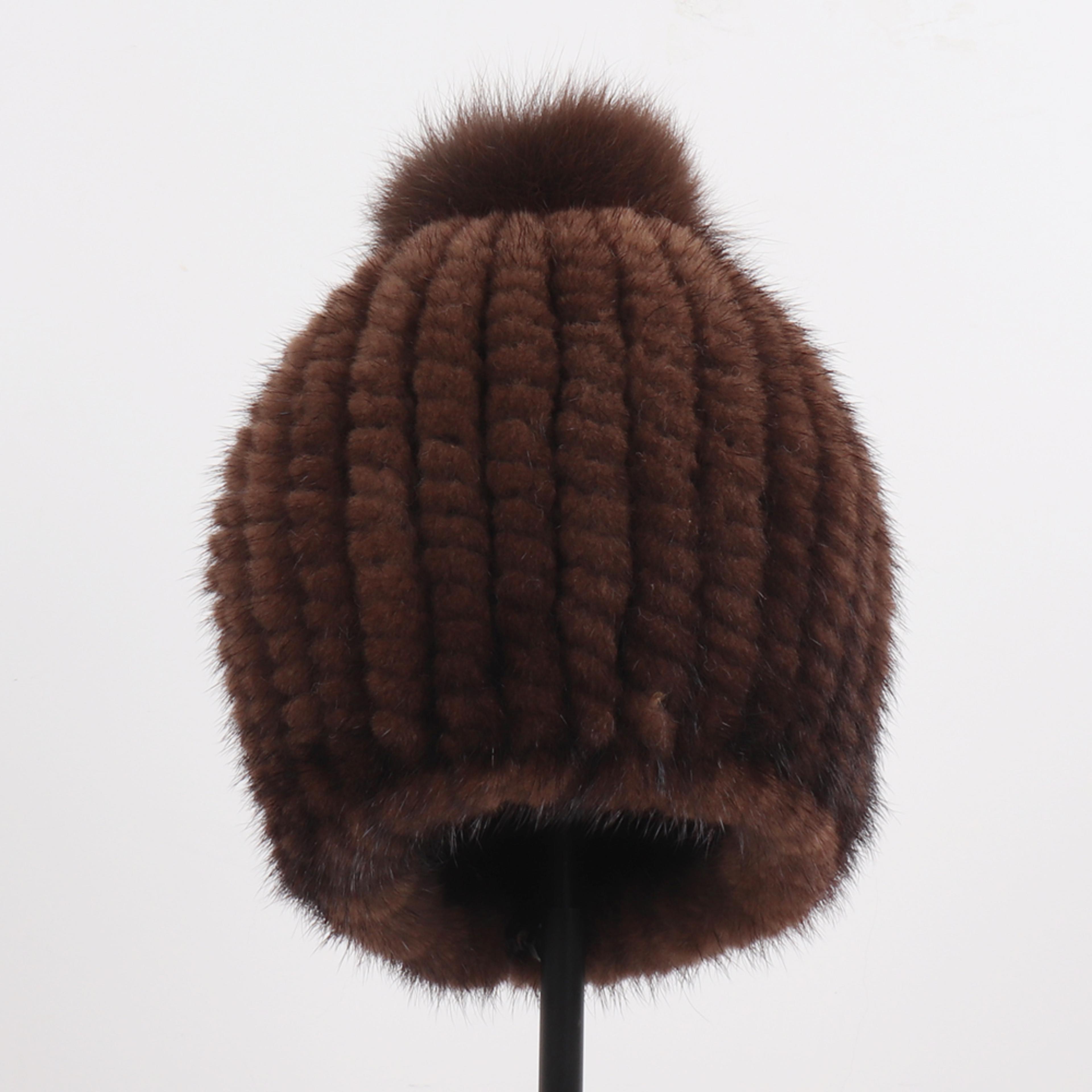 women genuine mink fur hat hand knitted fox fur pompom winter cap