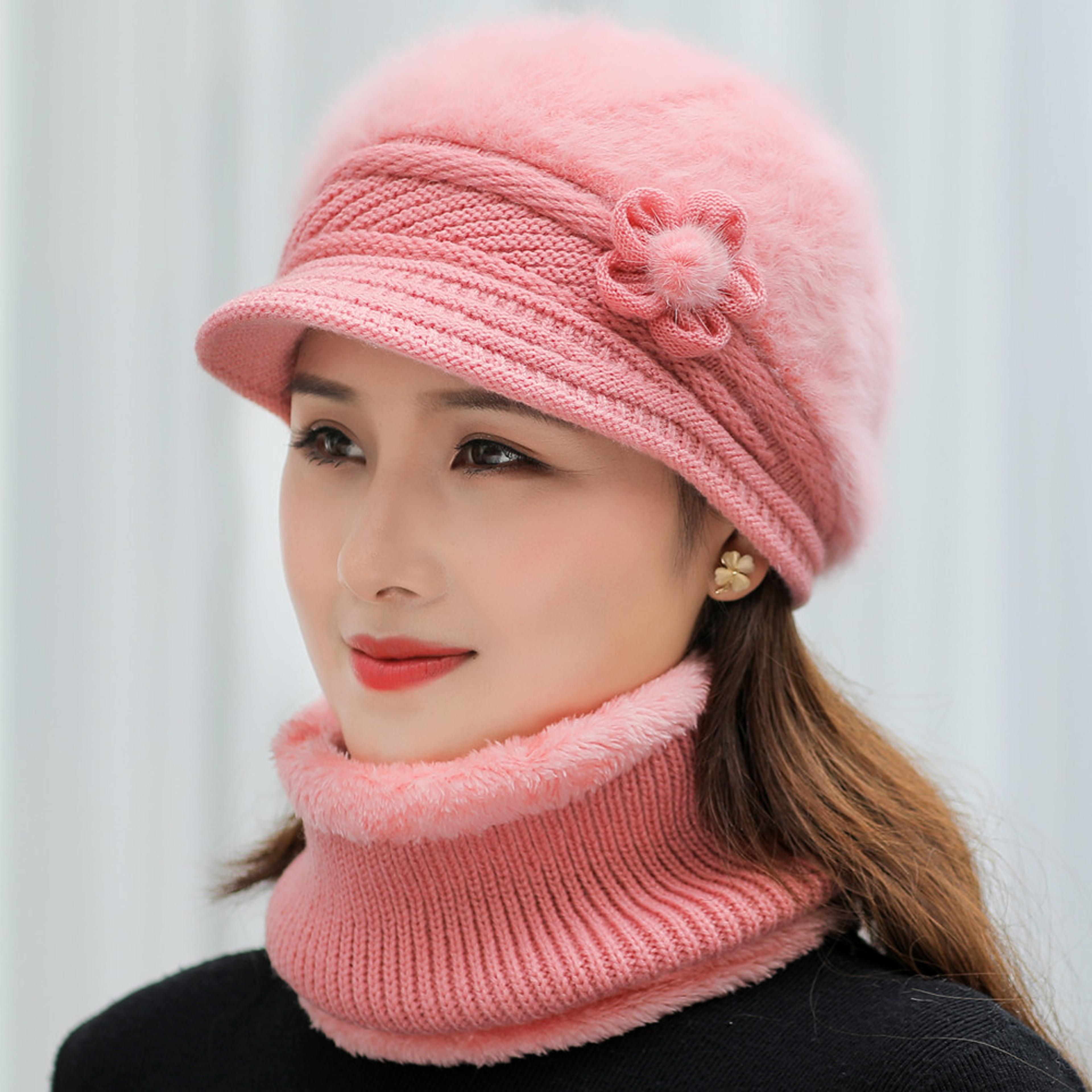 women winter hat and scarf set fur lined knitted flower cap