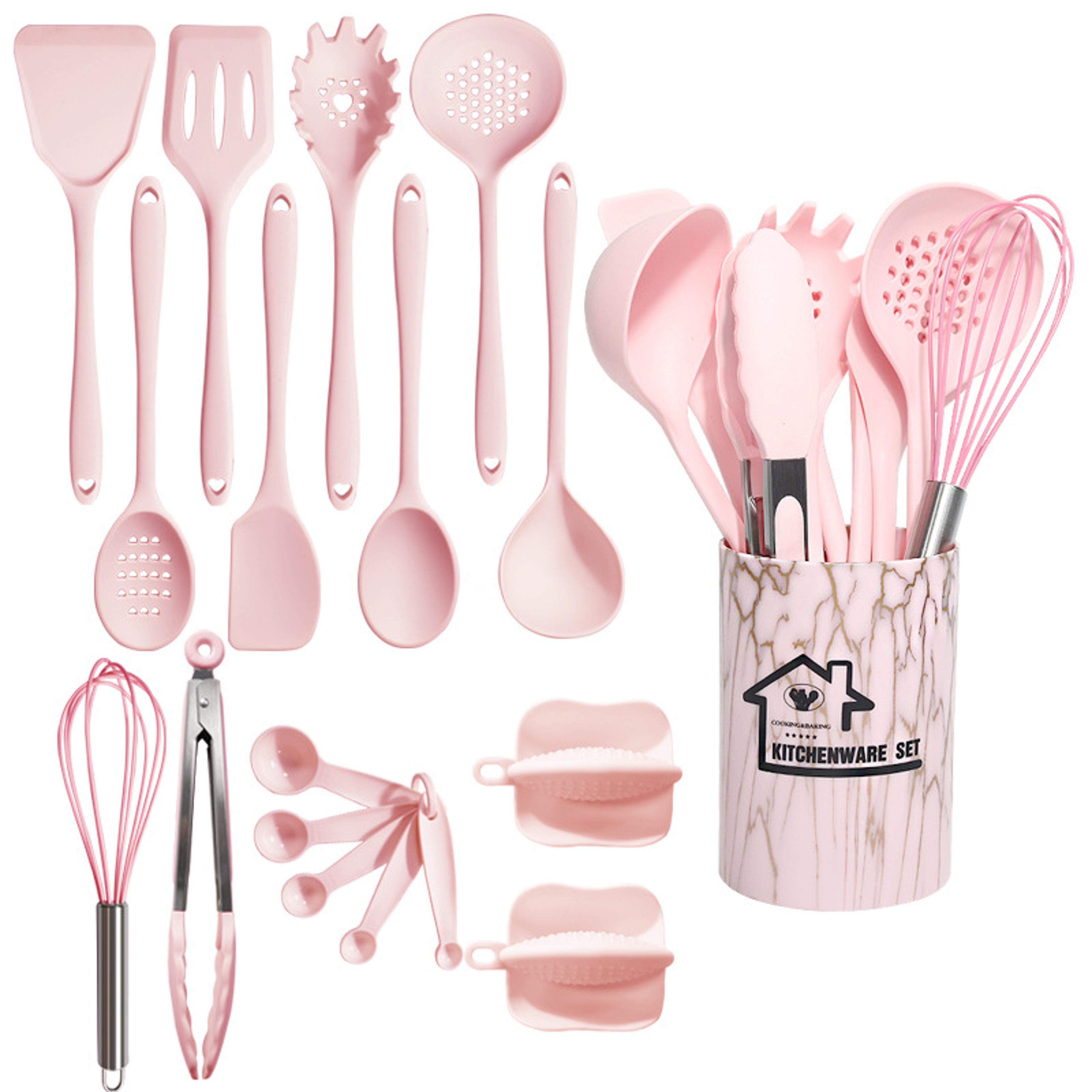 18 piece pink silicone kitchen utensils set for cooking and baking