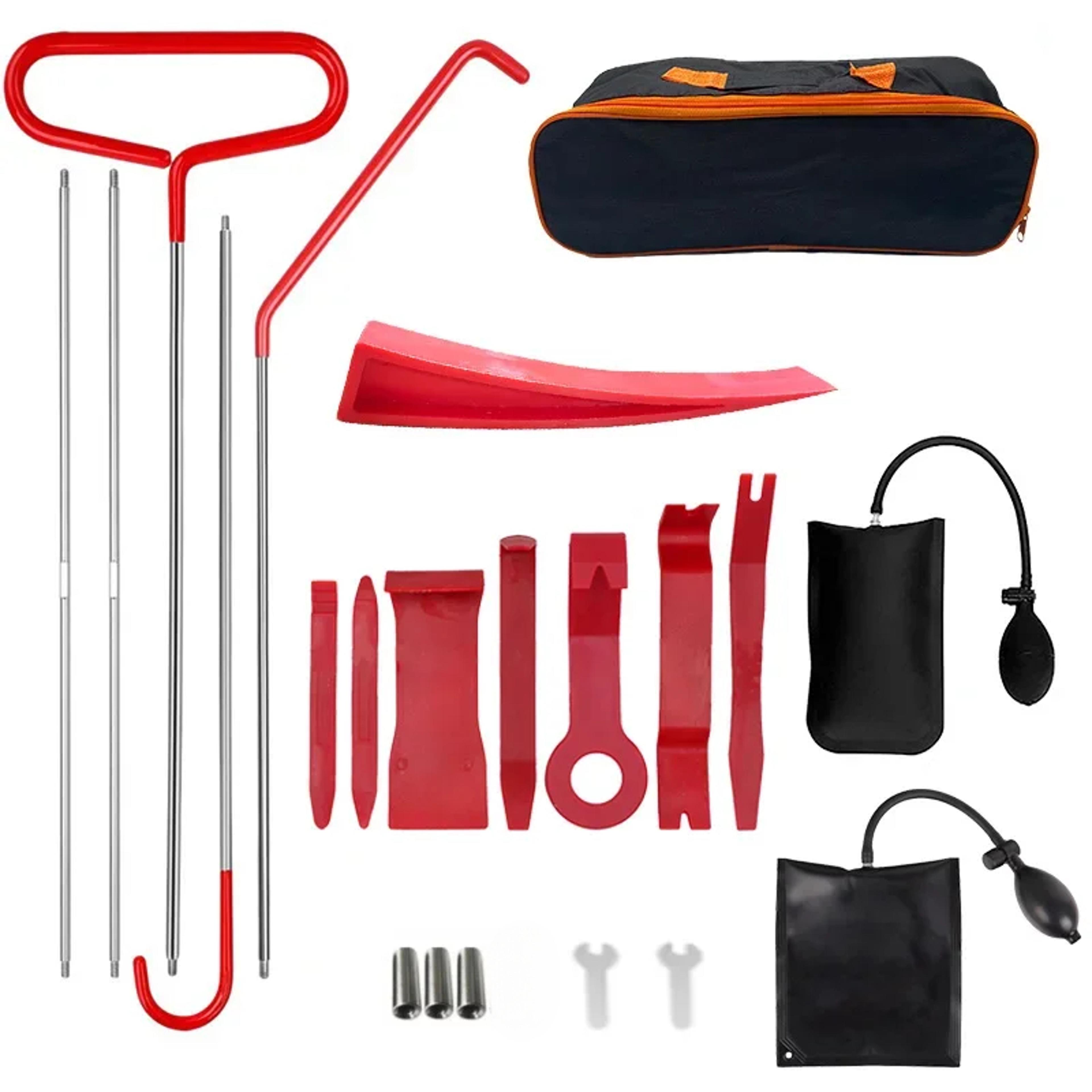 car door tool kit with air wedge pump long reach grabber and trim removal tools