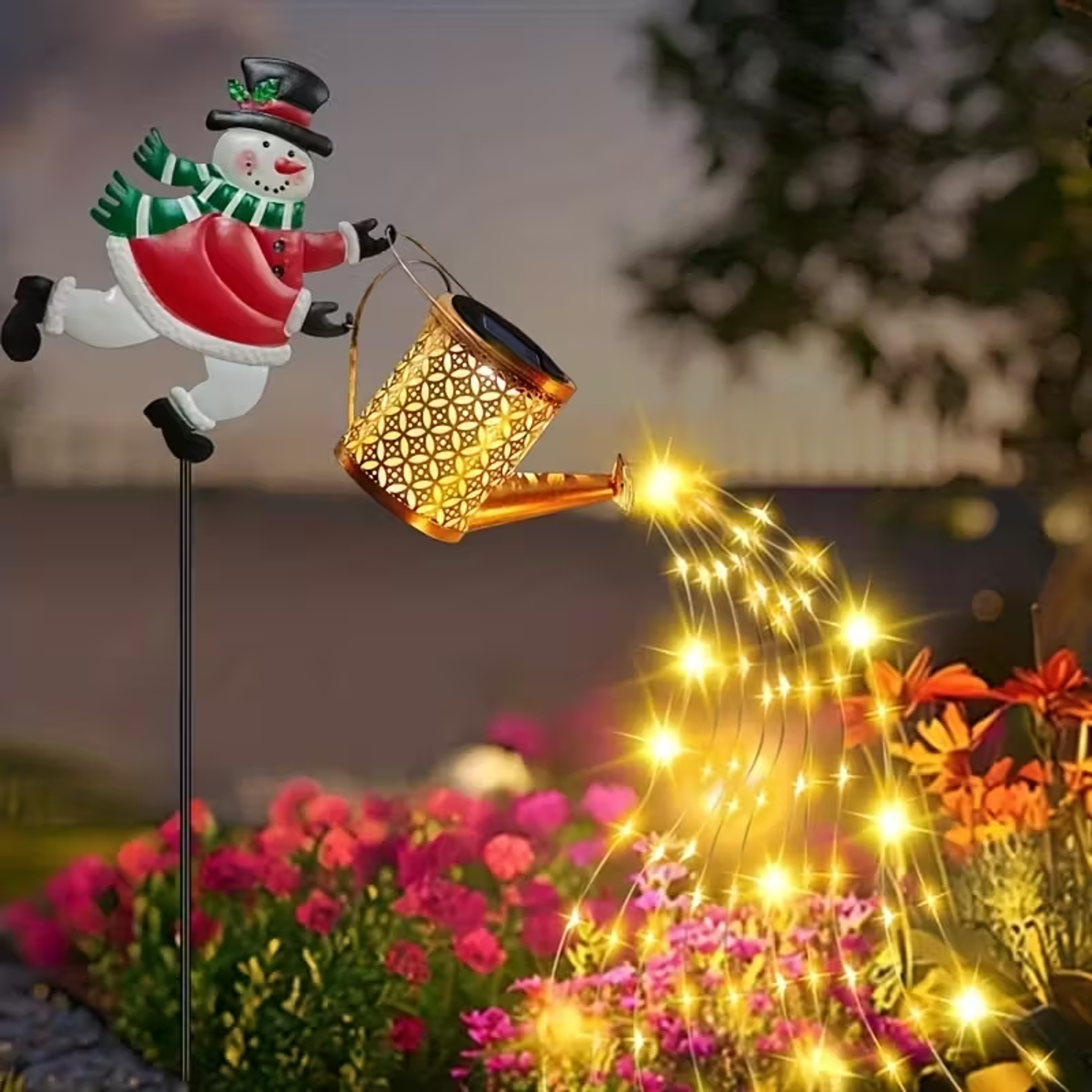 solar snowman watering can light outdoor christmas garden decor