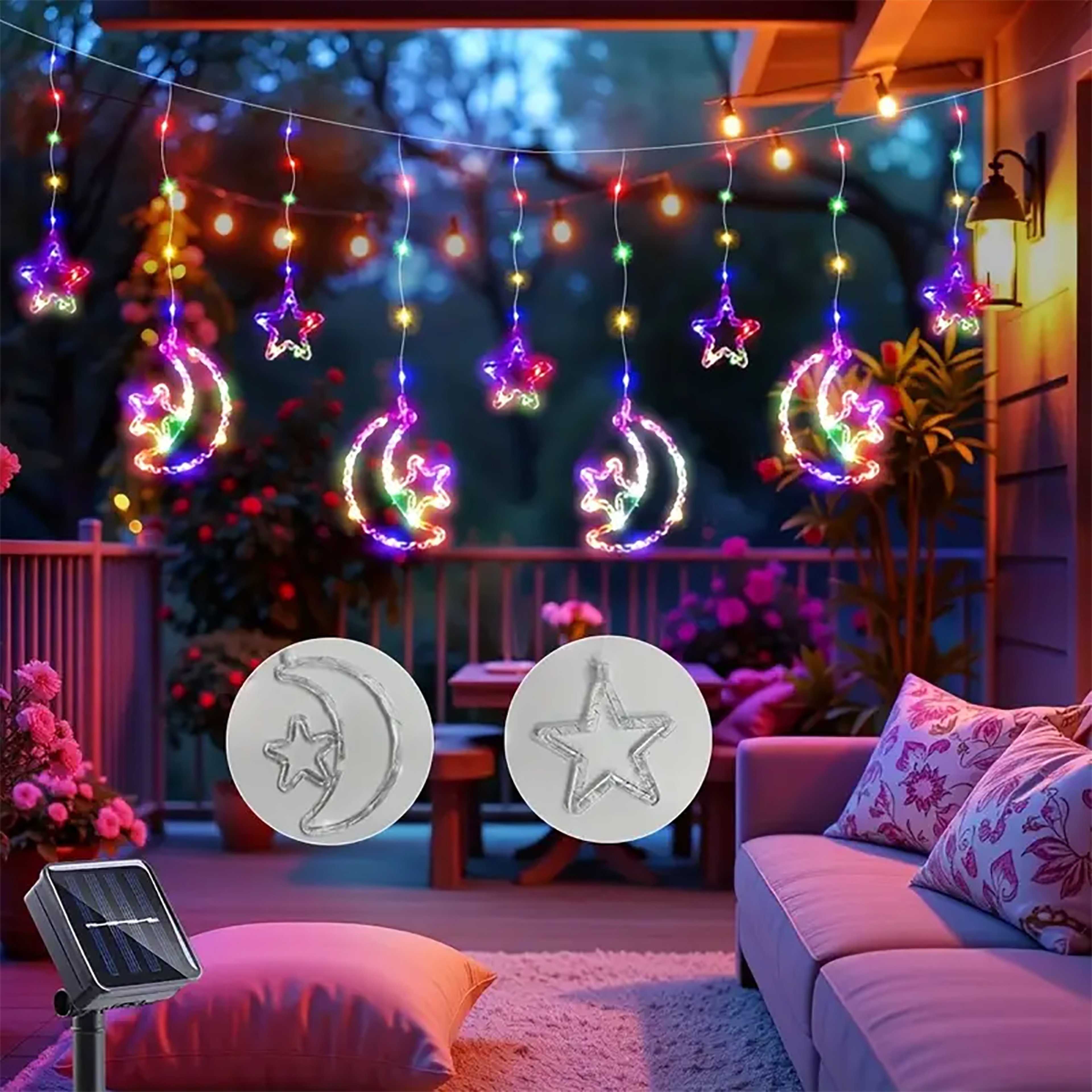 solar star moon curtain lights 120 led waterproof outdoor garden decor
