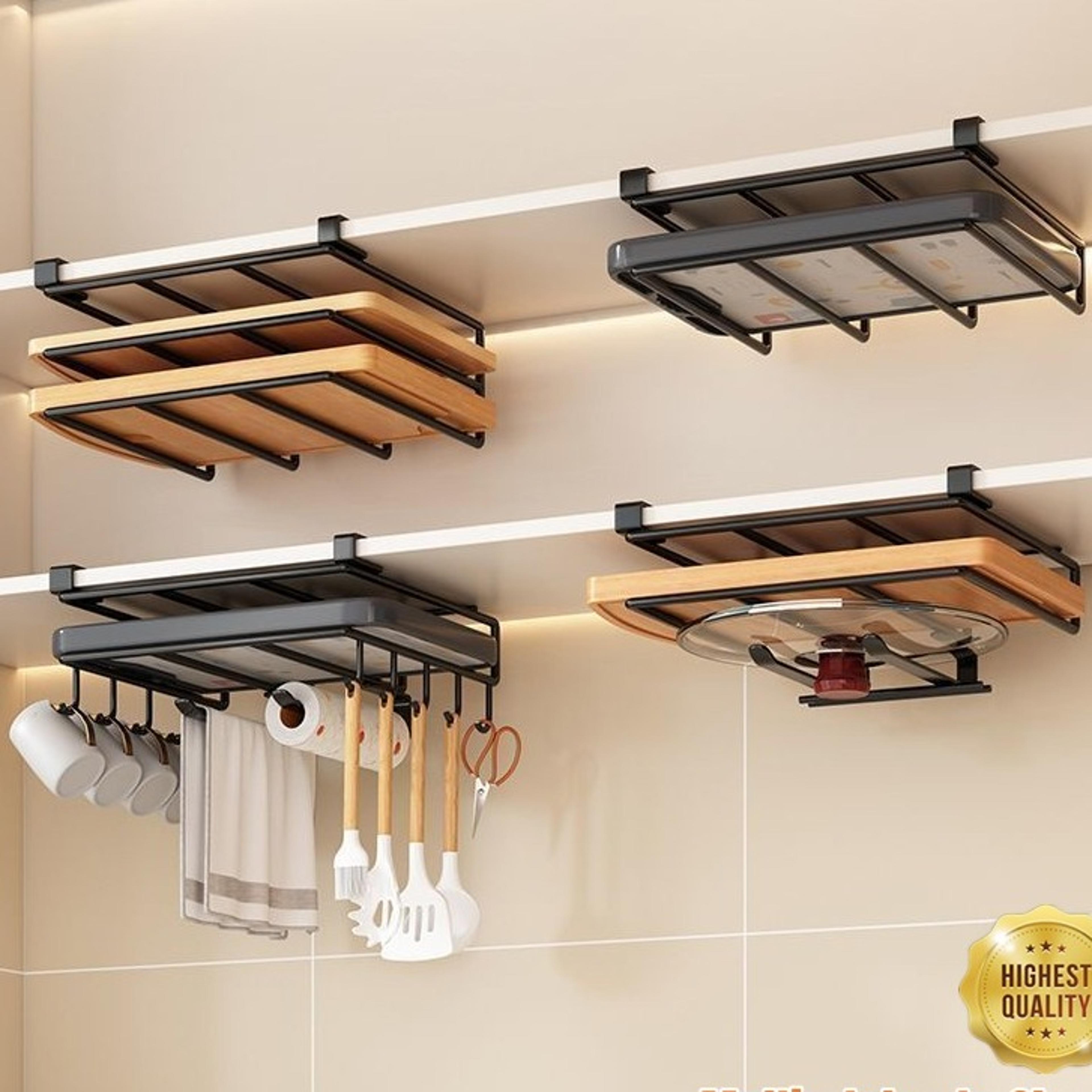 under cabinet organizer rack with paper towel holder cutting board storage and hooks