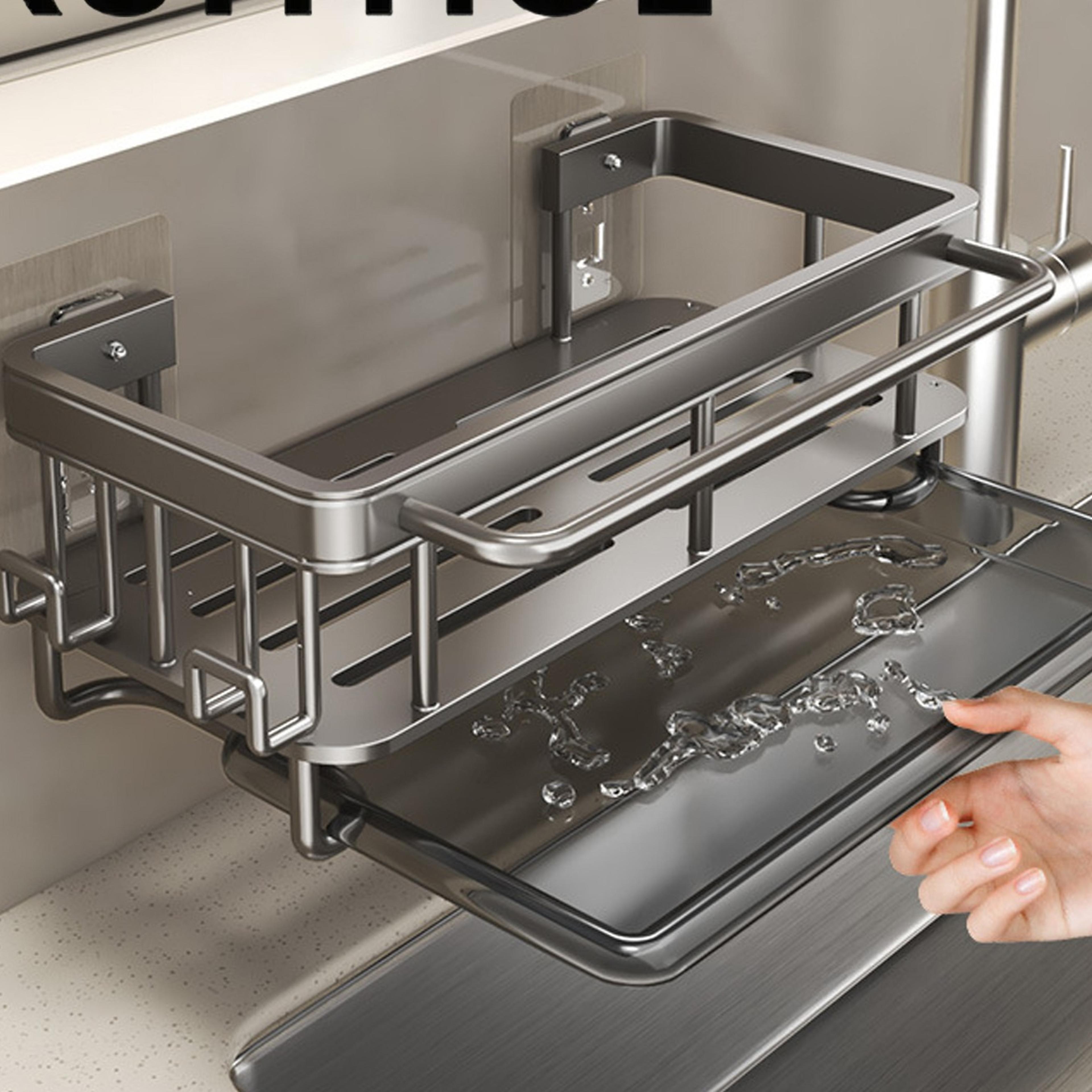 kitchen sink organizer aluminum sink caddy sponge holder with drain tray and towel rack