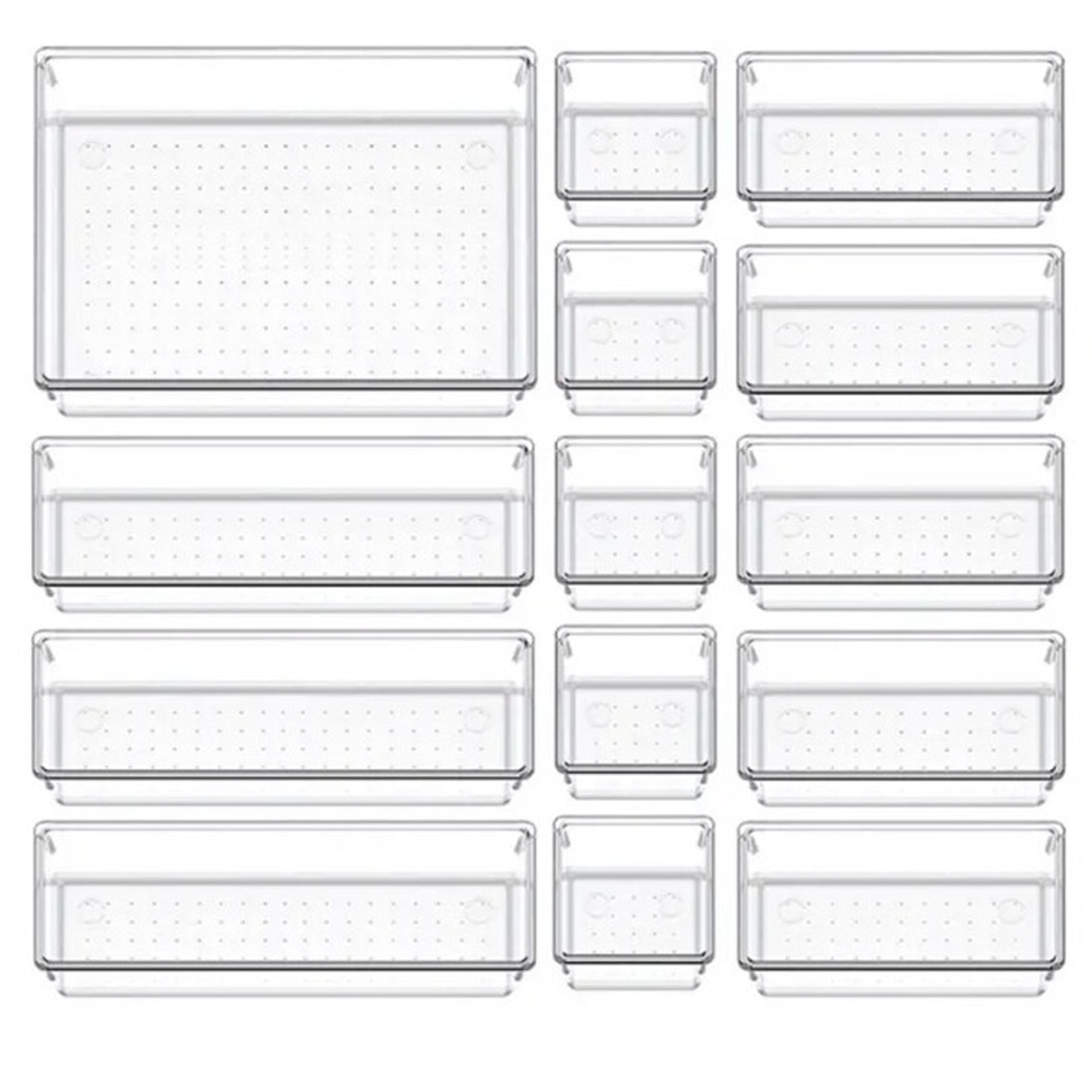 7 14 piece clear drawer organizer set plastic storage trays for makeup jewelry and office