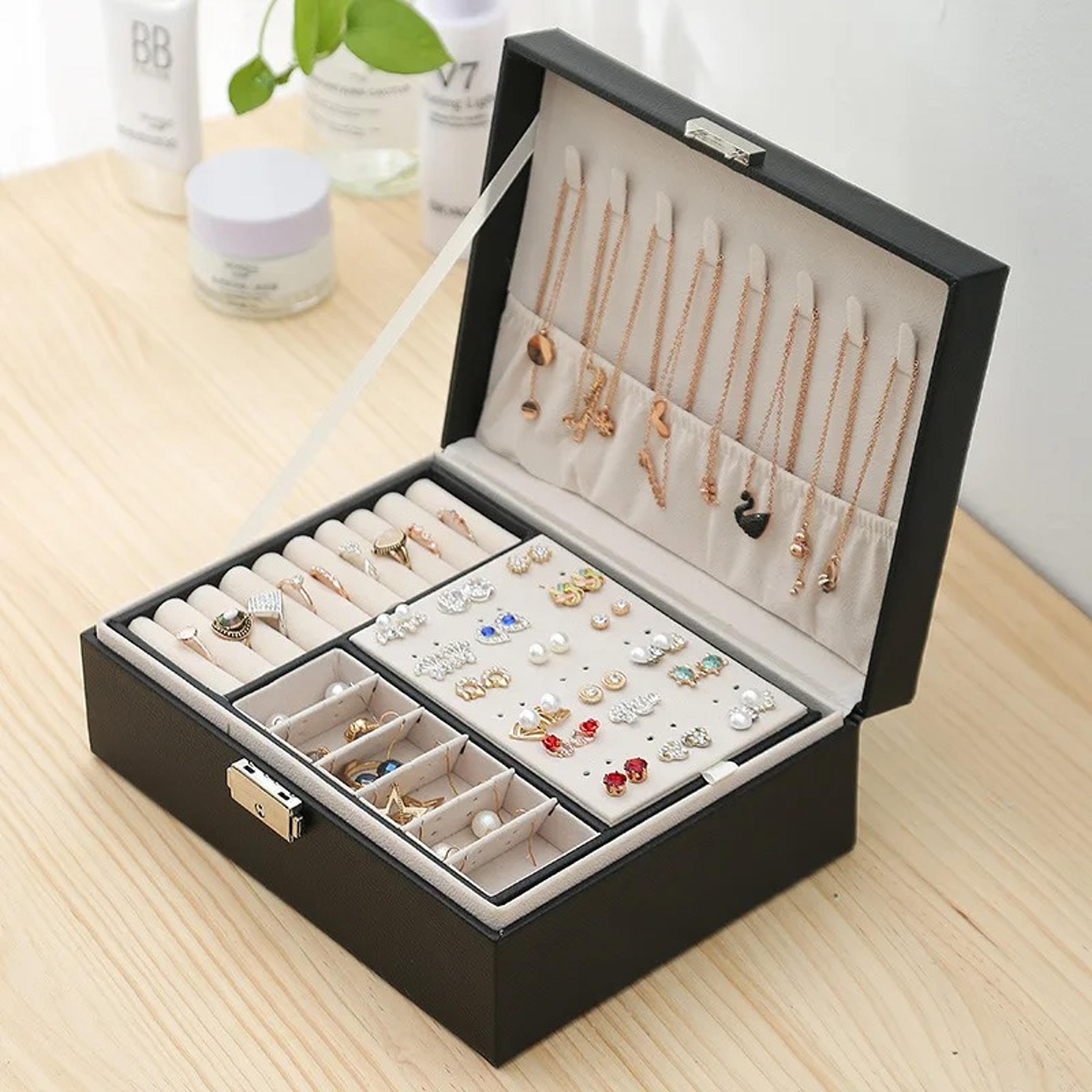 double layer jewelry box lockable pu leather jewelry organizer