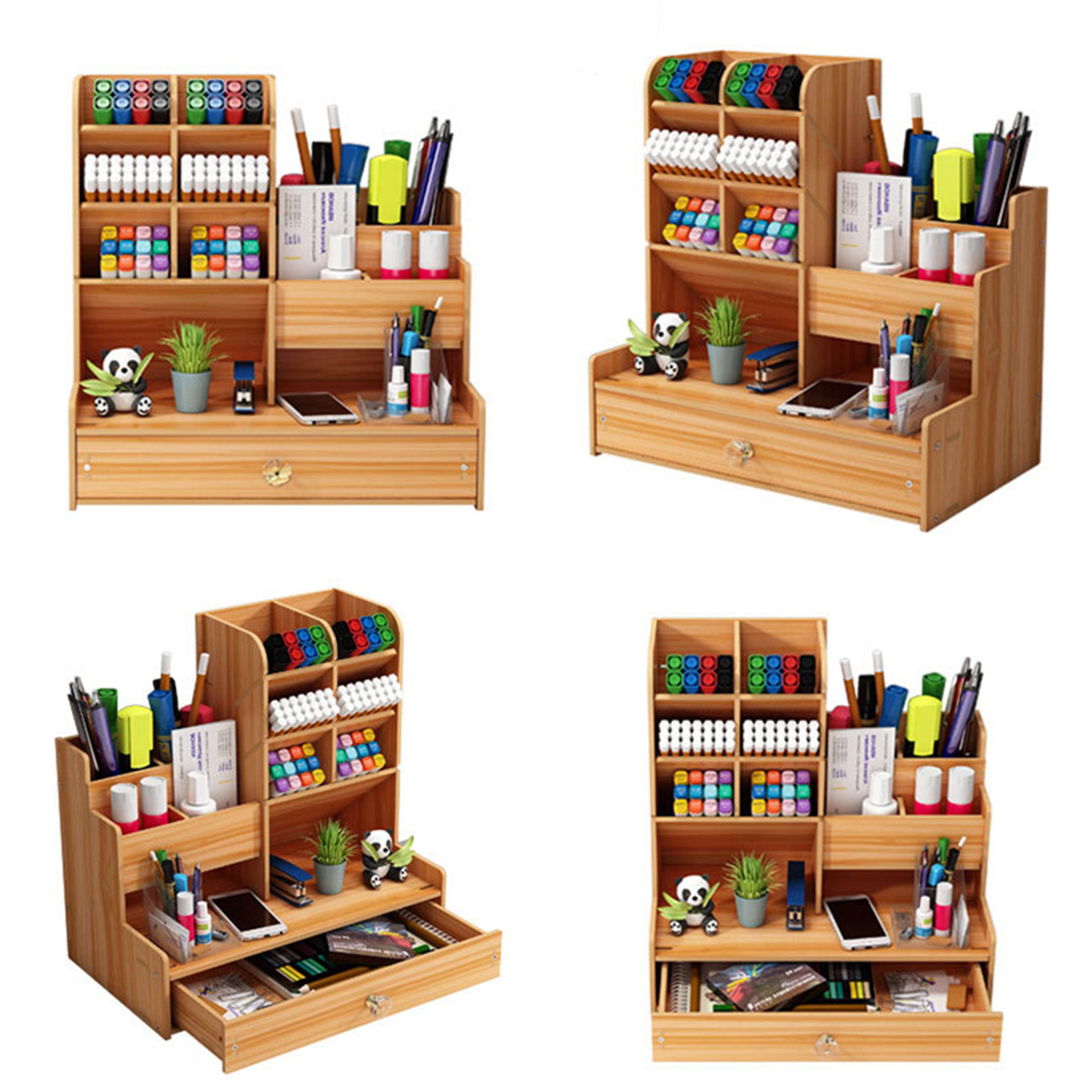 wooden desk organizer pen holder with drawer for stationery storage