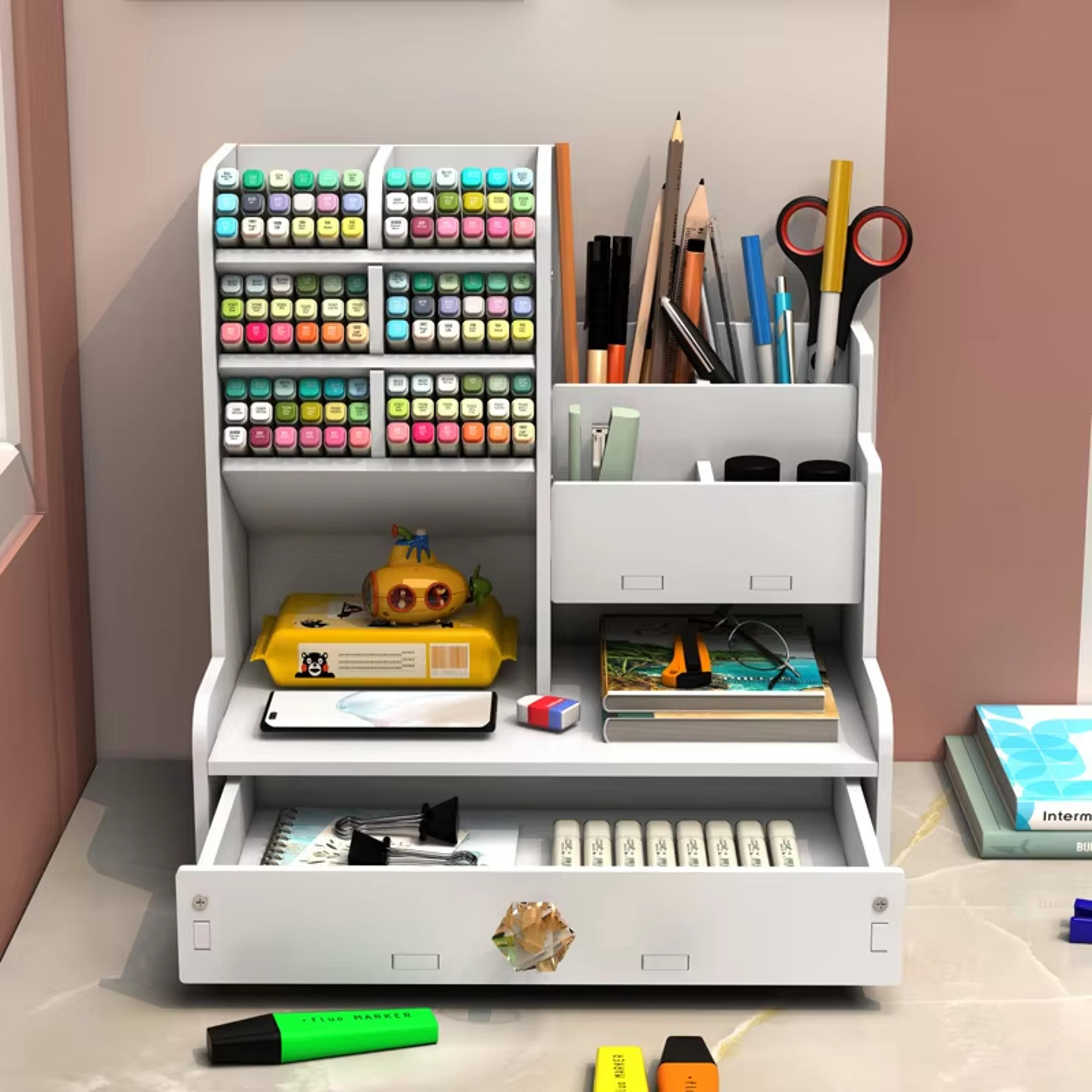 wooden desk organizer with pencil holder and desktop bookshelf storage