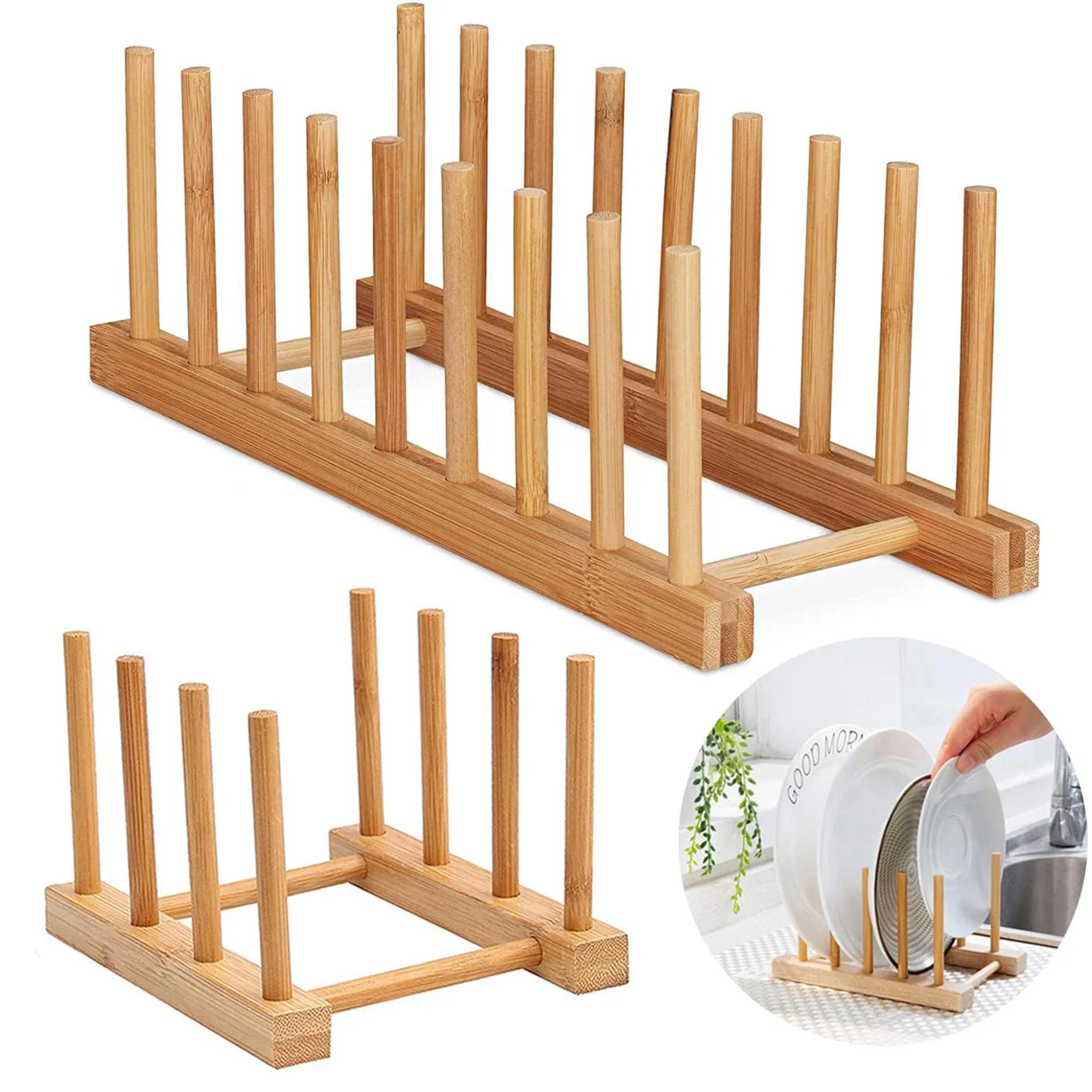 bamboo dish drying rack wooden plate stand and pot lid kitchen organizer