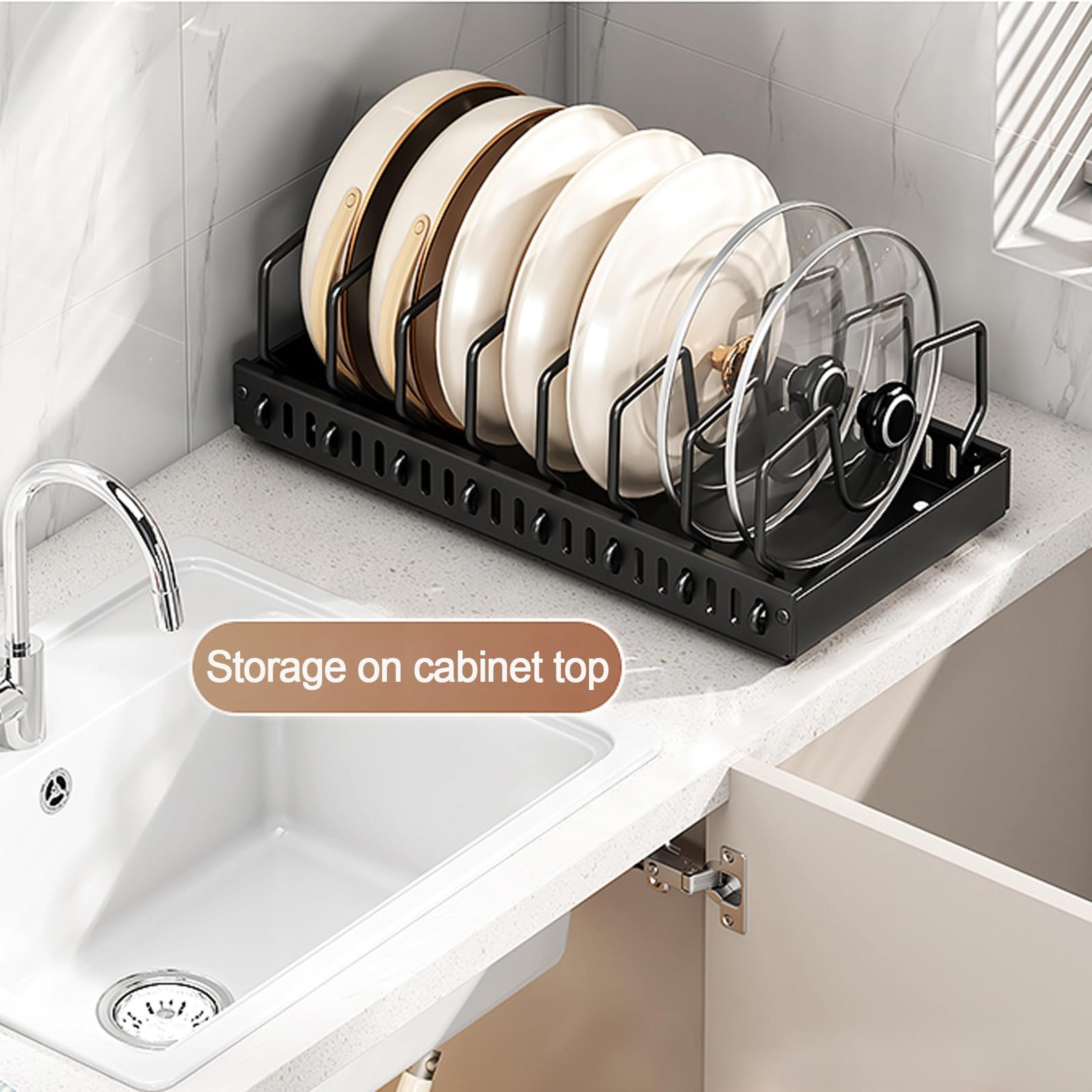 pull out pots and pans organizer with adjustable dividers and sliding cabinet rack