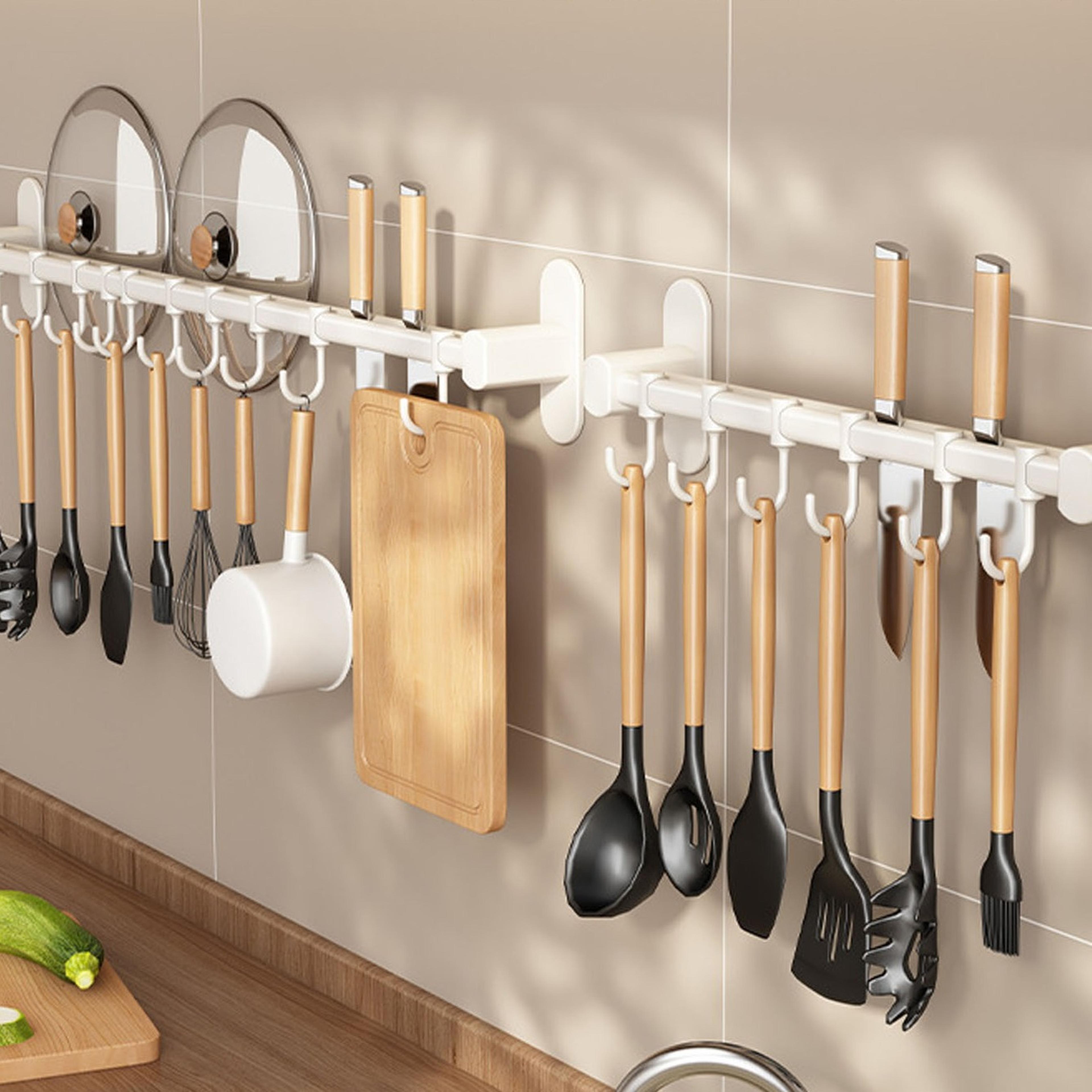 wall mounted kitchen hook rack no drill utensil organizer with chopping board holder,