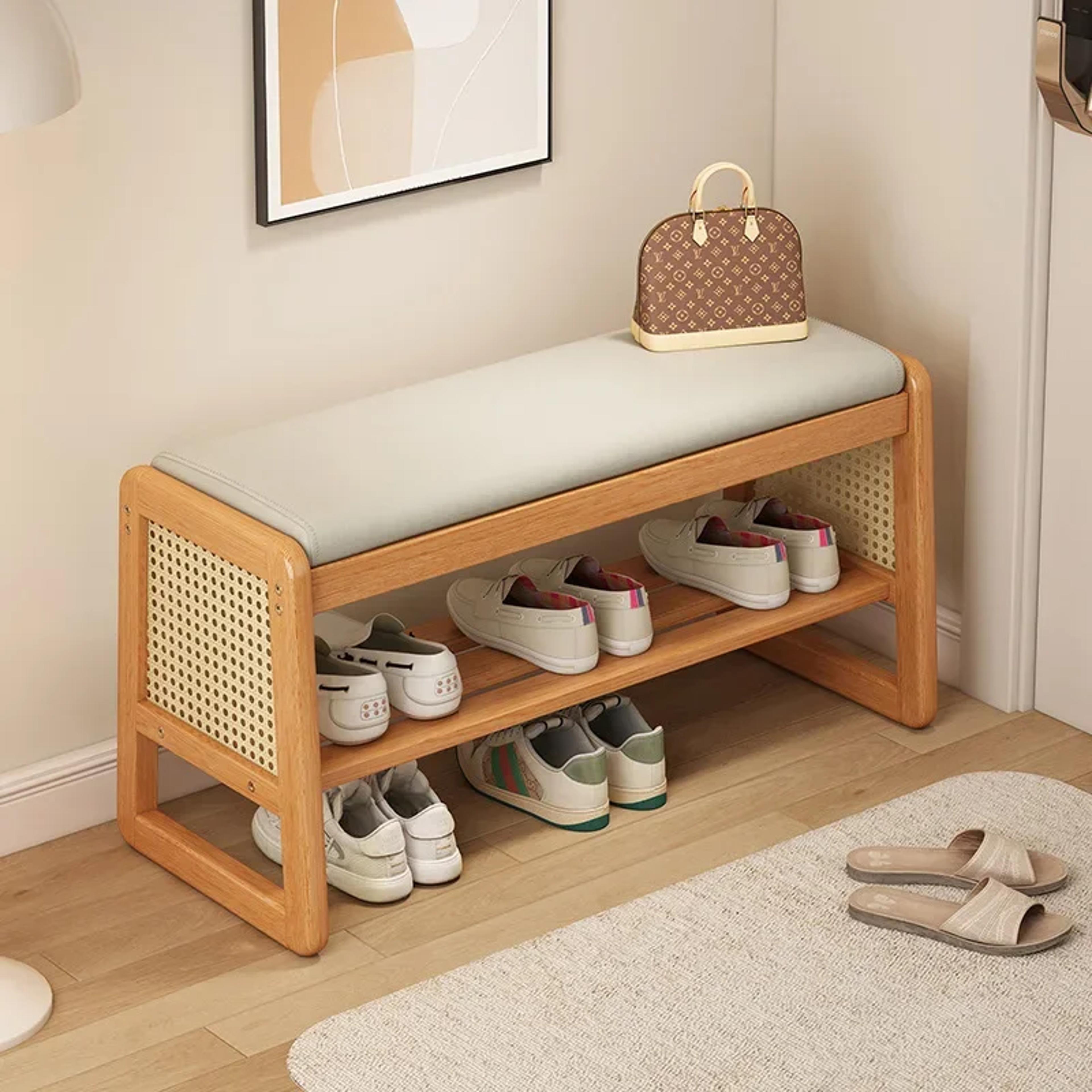 teng woven shoe storage bench solid wood entryway bench with multi layer shelves