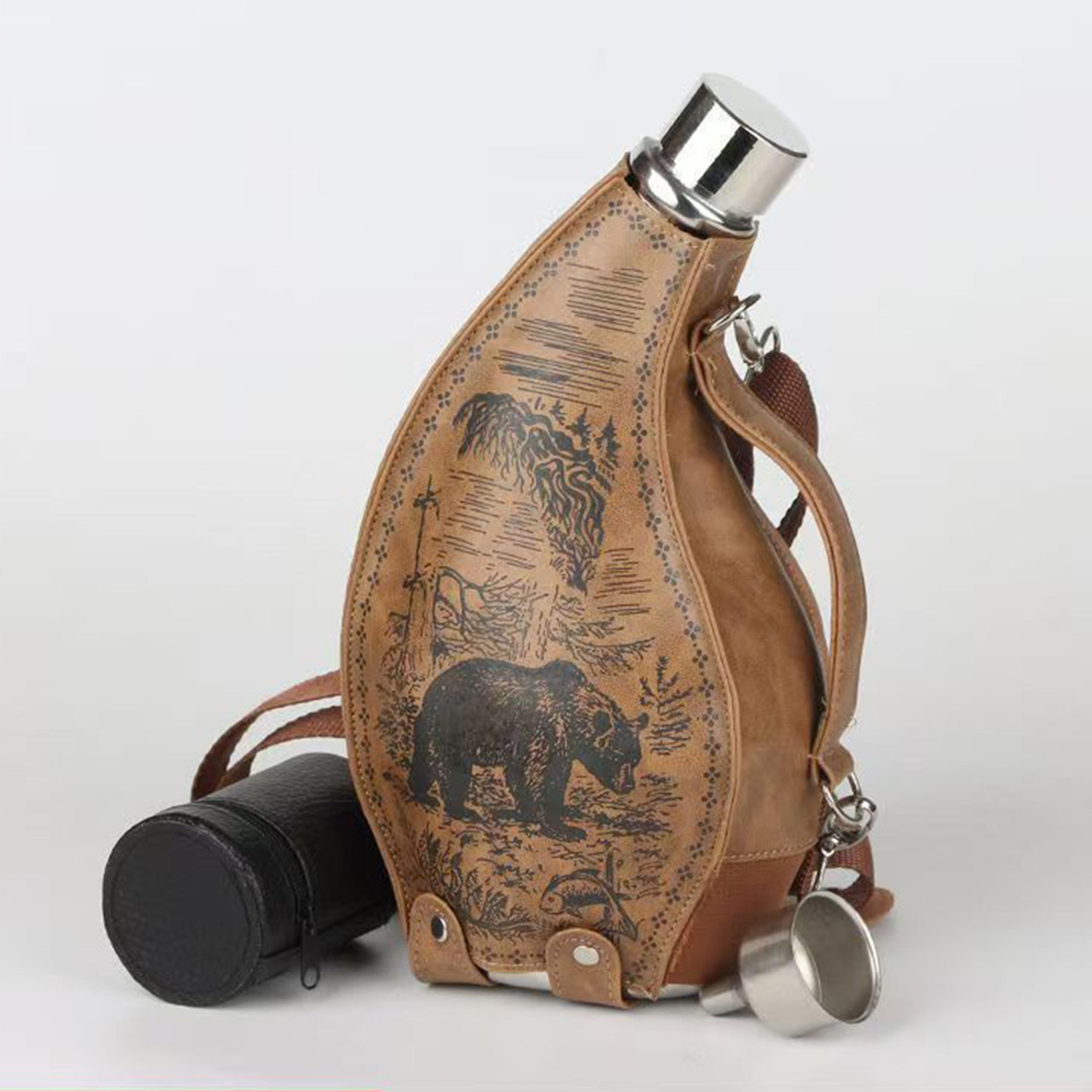 53oz stainless steel horn hip flask with leather case funnel and shoulder strap