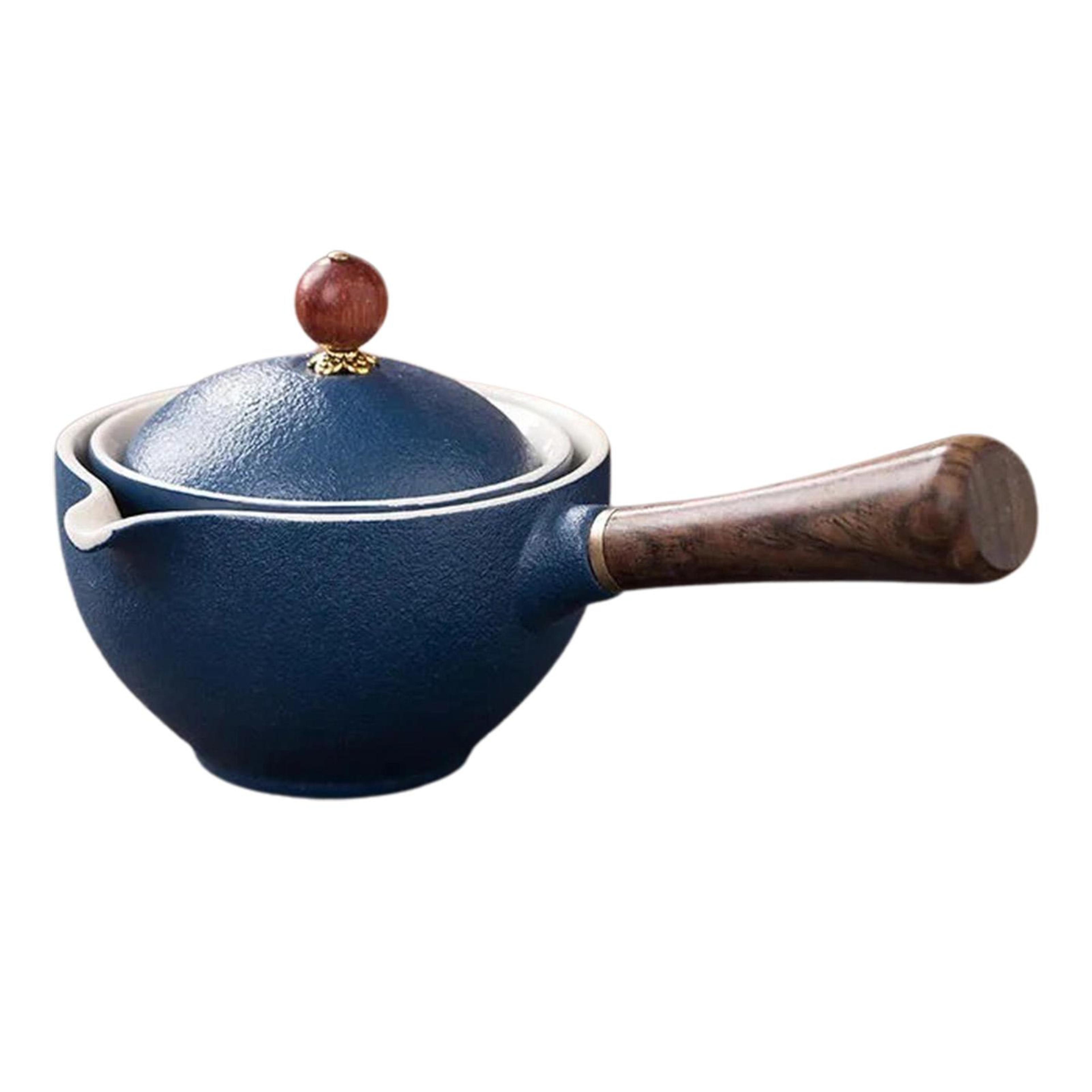 160ml ceramic teapot with rotating infuser and wooden side handle for gongfu tea