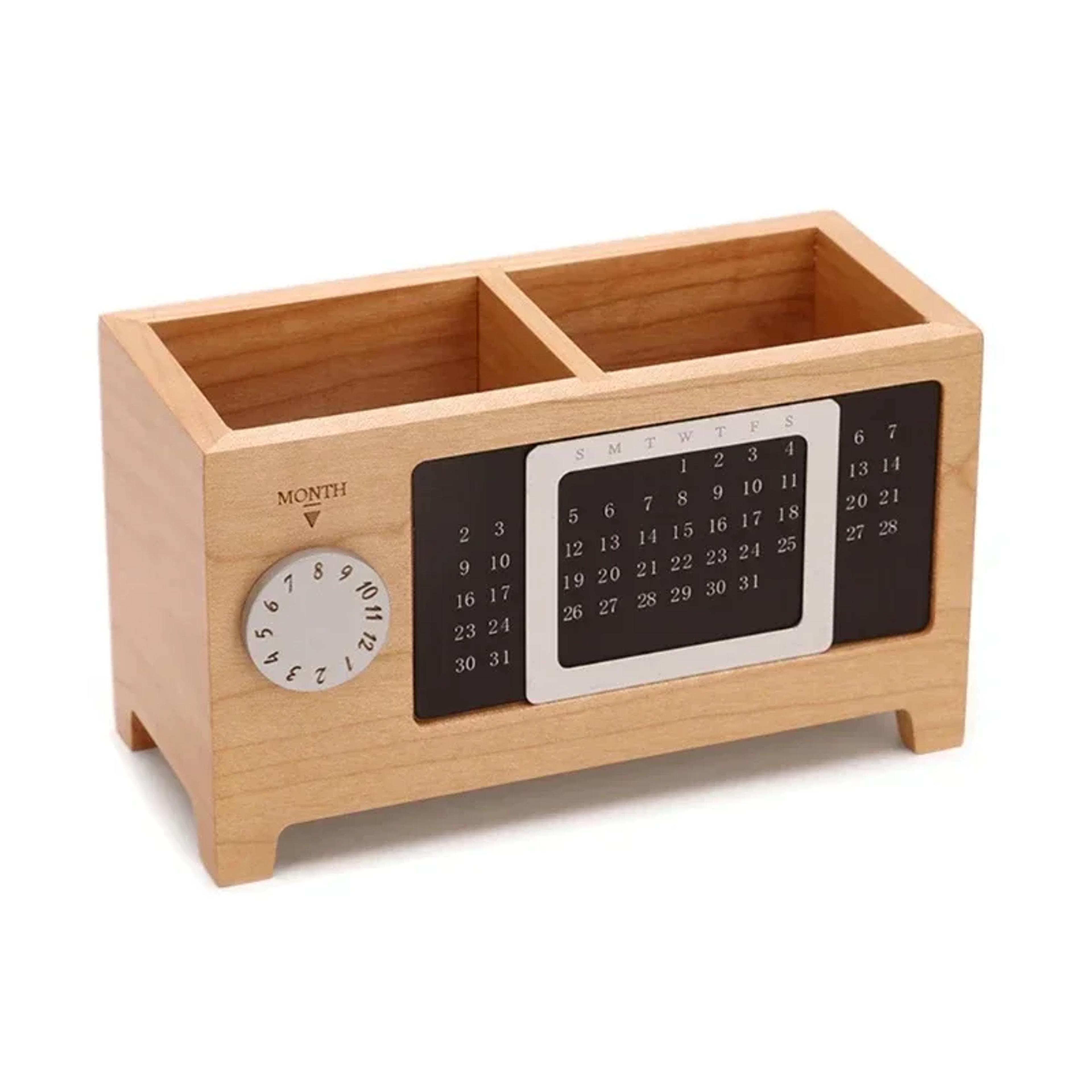 wooden desktop organizer with pen holder remote storage and calendar function