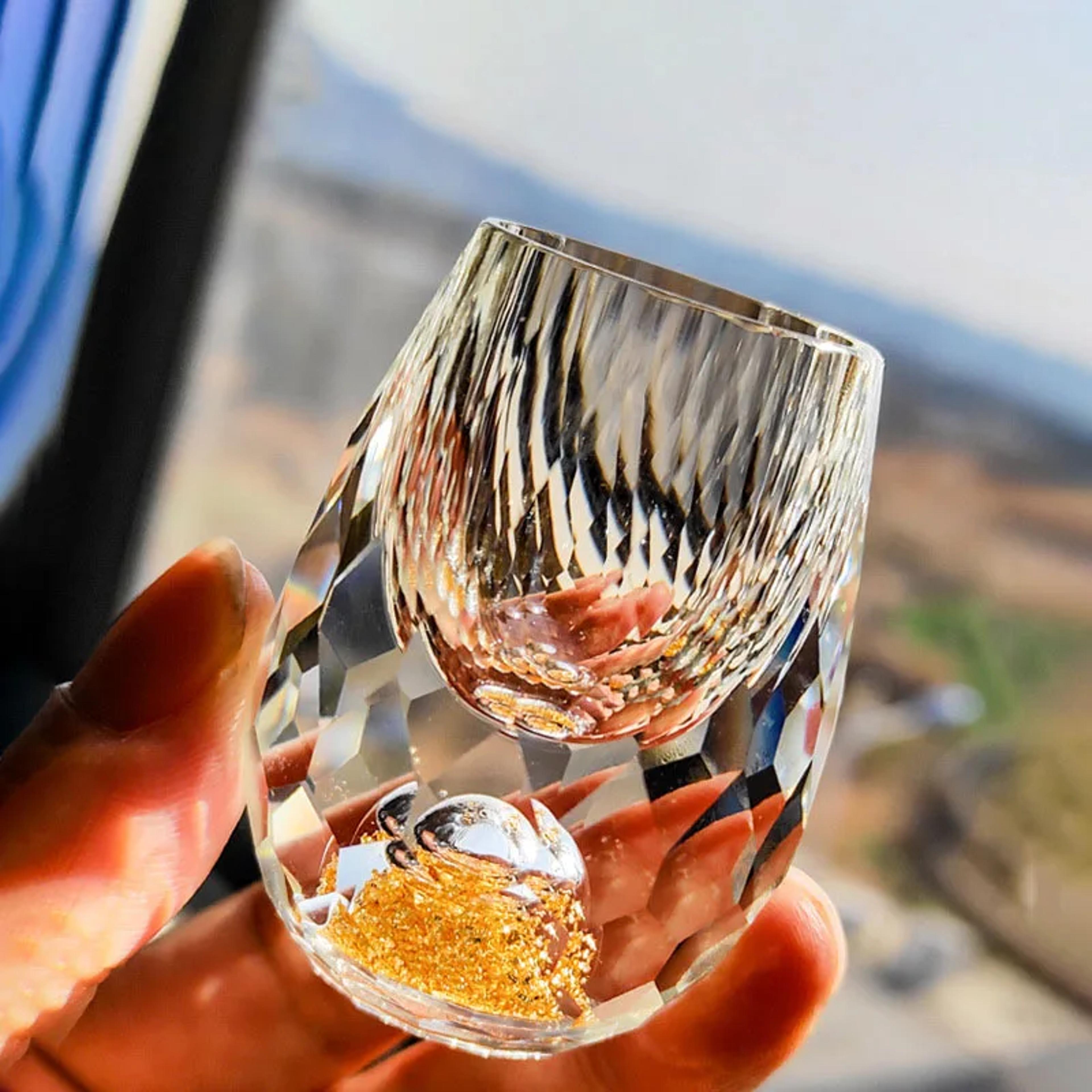 gold foil double bottom glass cup for vodka sake shochu and liqueur