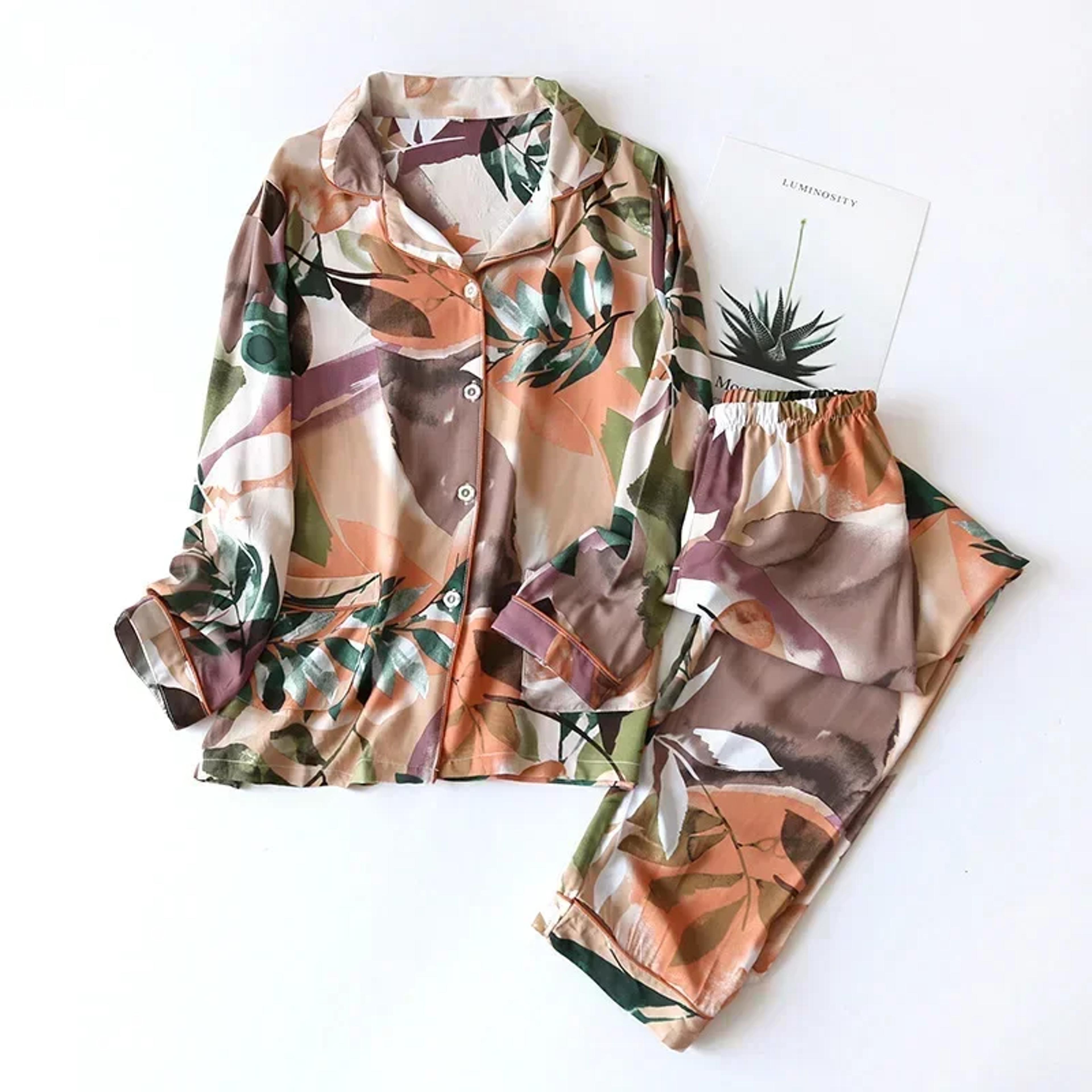 women's viscose pajama set long sleeve floral sleepwear with full length pants