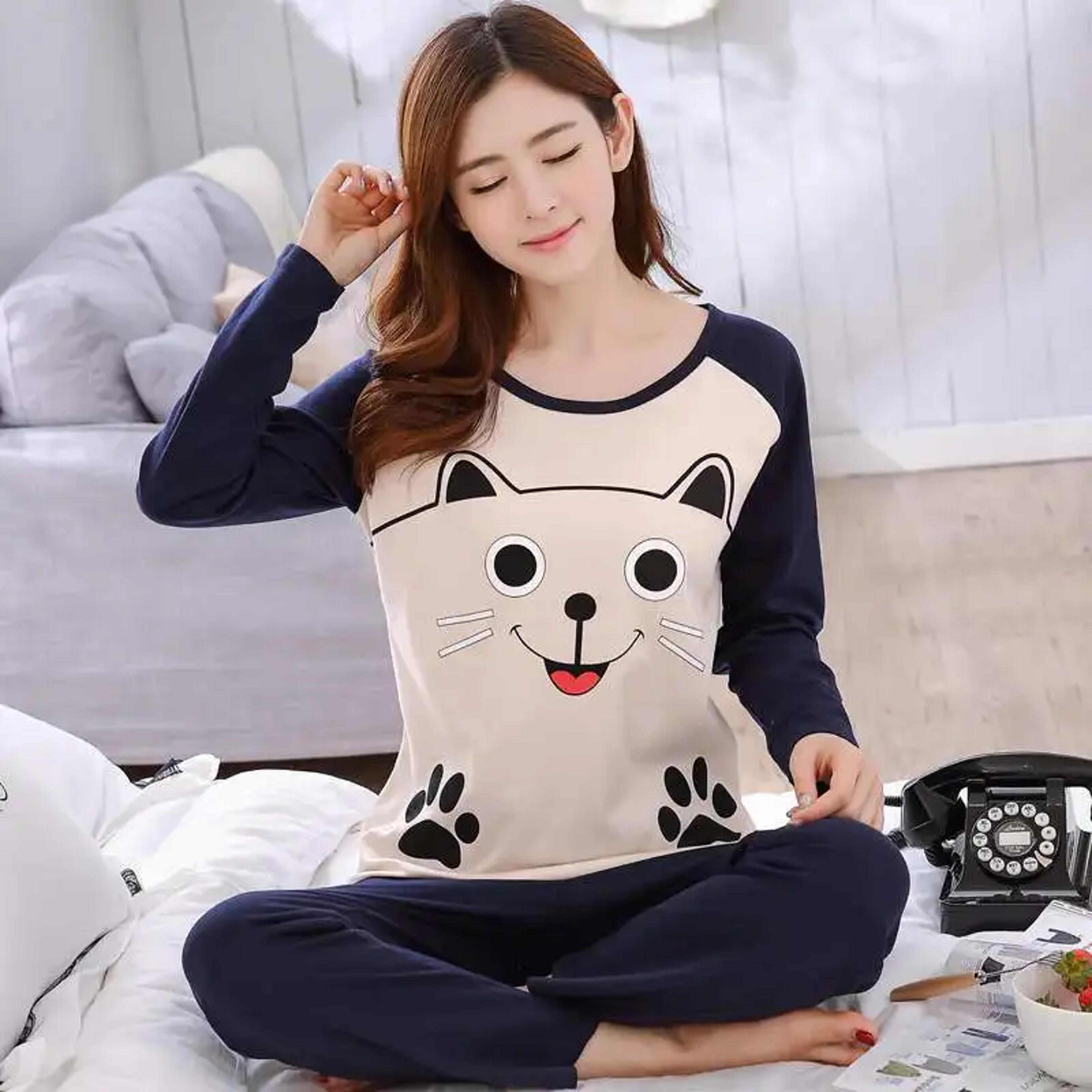 women's cartoon pajama set with long sleeves and full-length pants