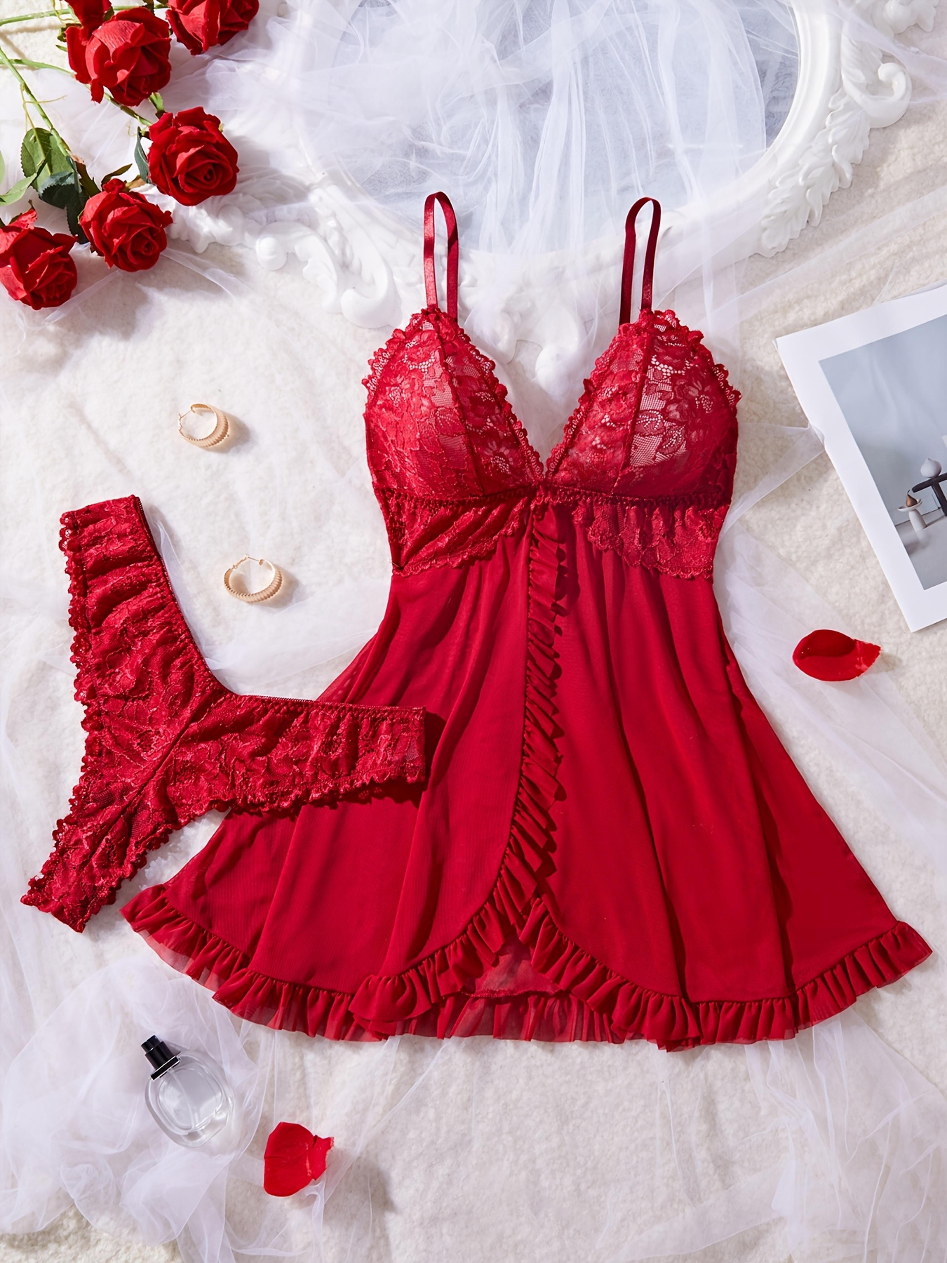 red lace lingerie nightdress set with matching panties v-neck sleeveless sleepwear