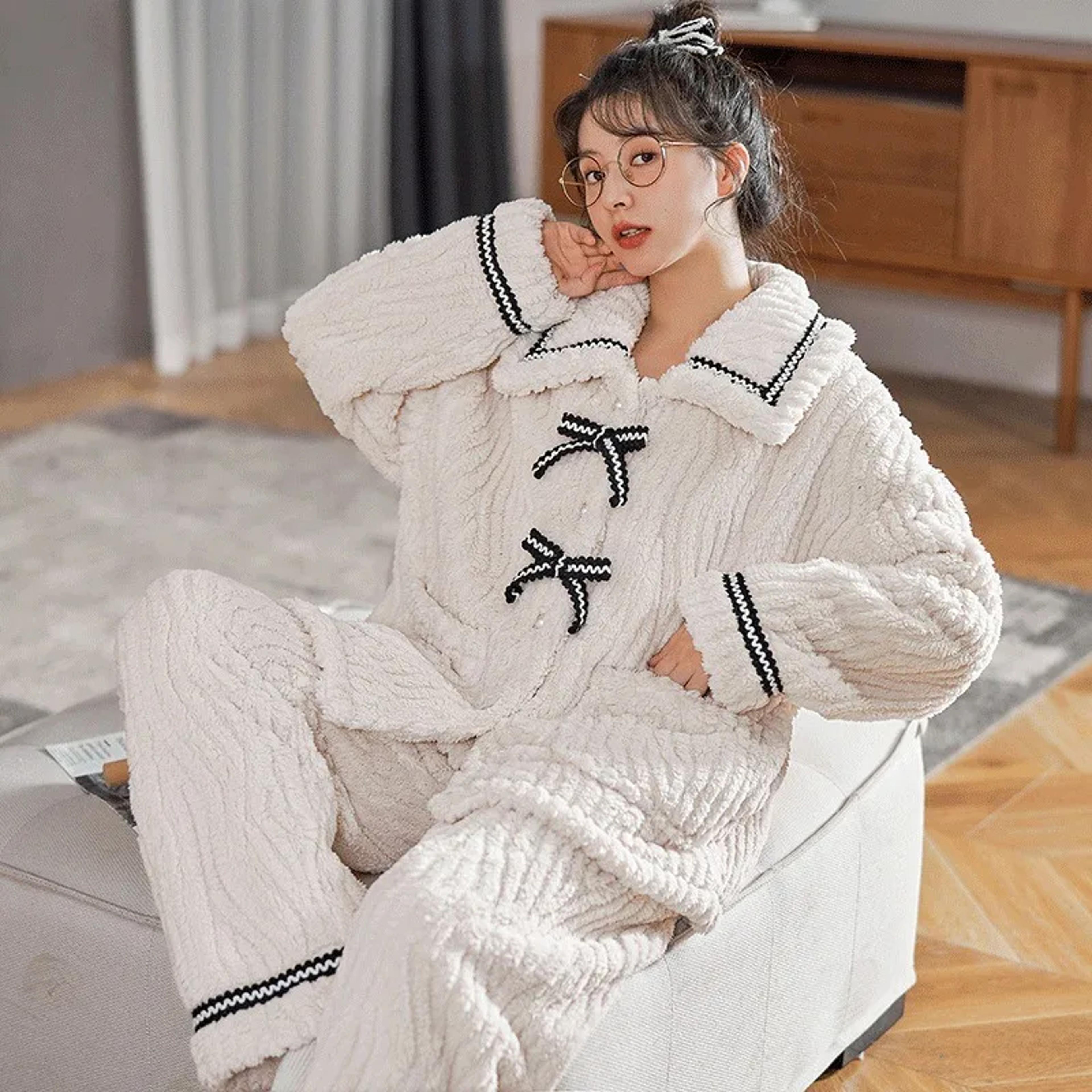 women's thick knit winter pajama set with turn down collar