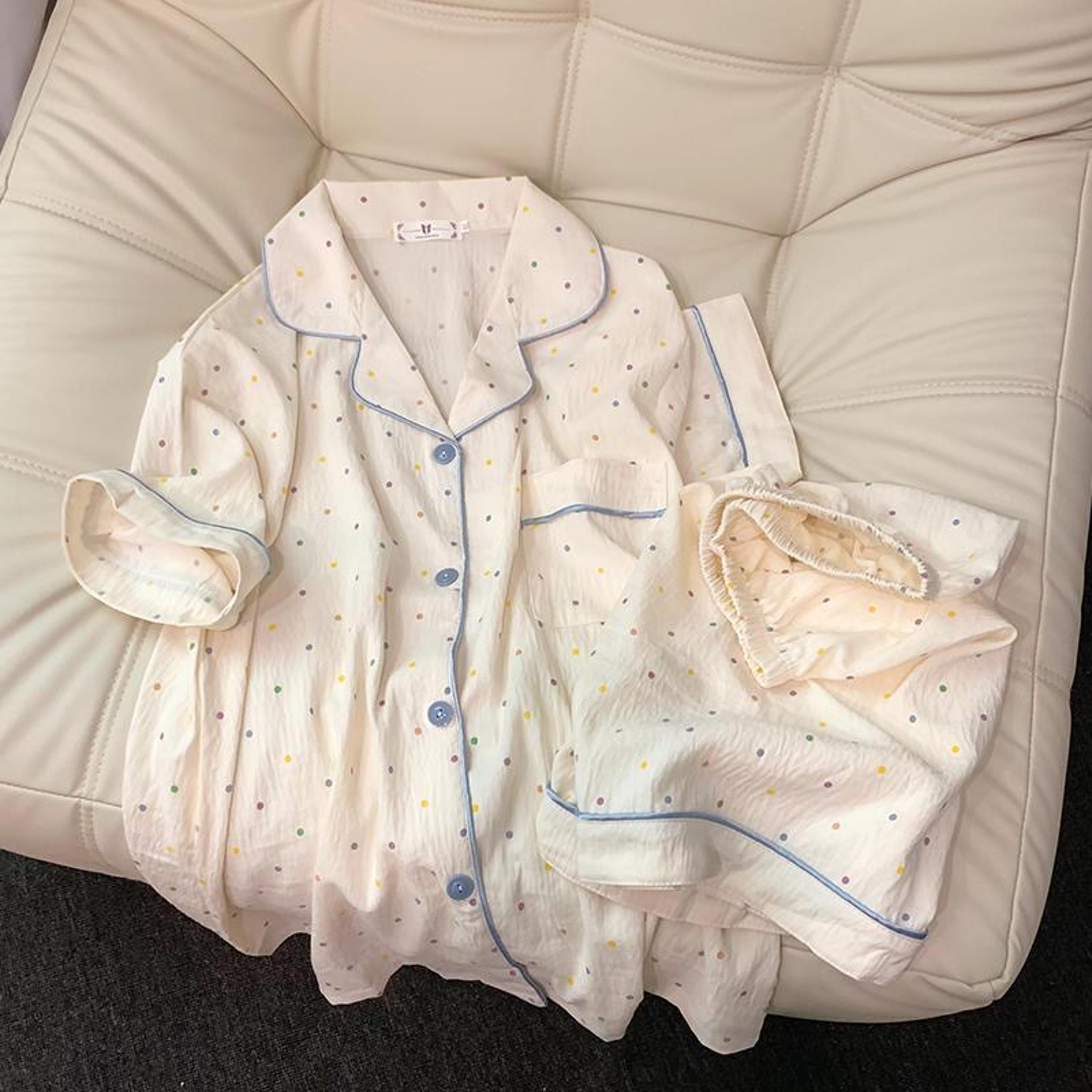 women polka dot pajama set with short sleeve top and shorts