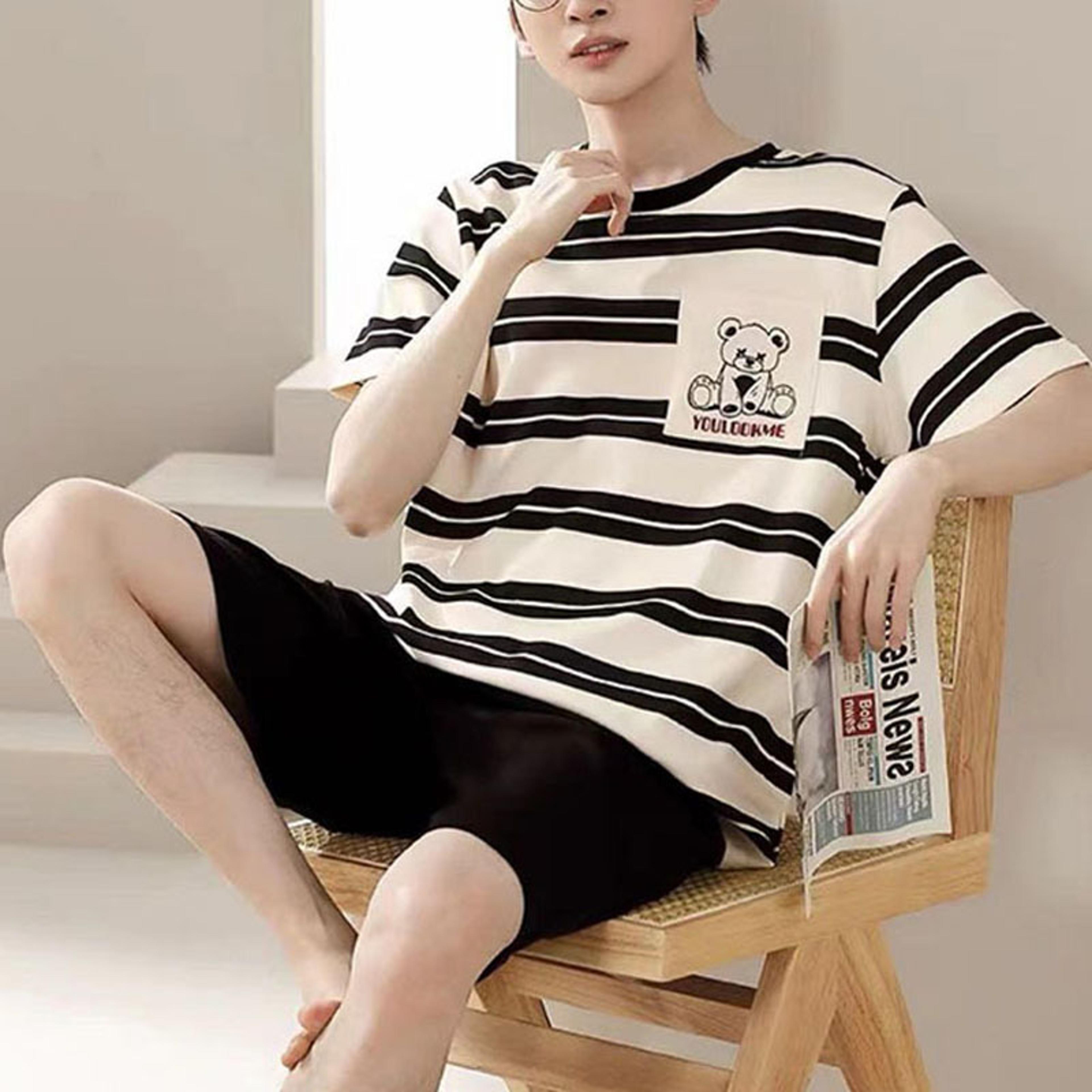 men's 2 piece short sleeve pajama set with striped cartoon bear design