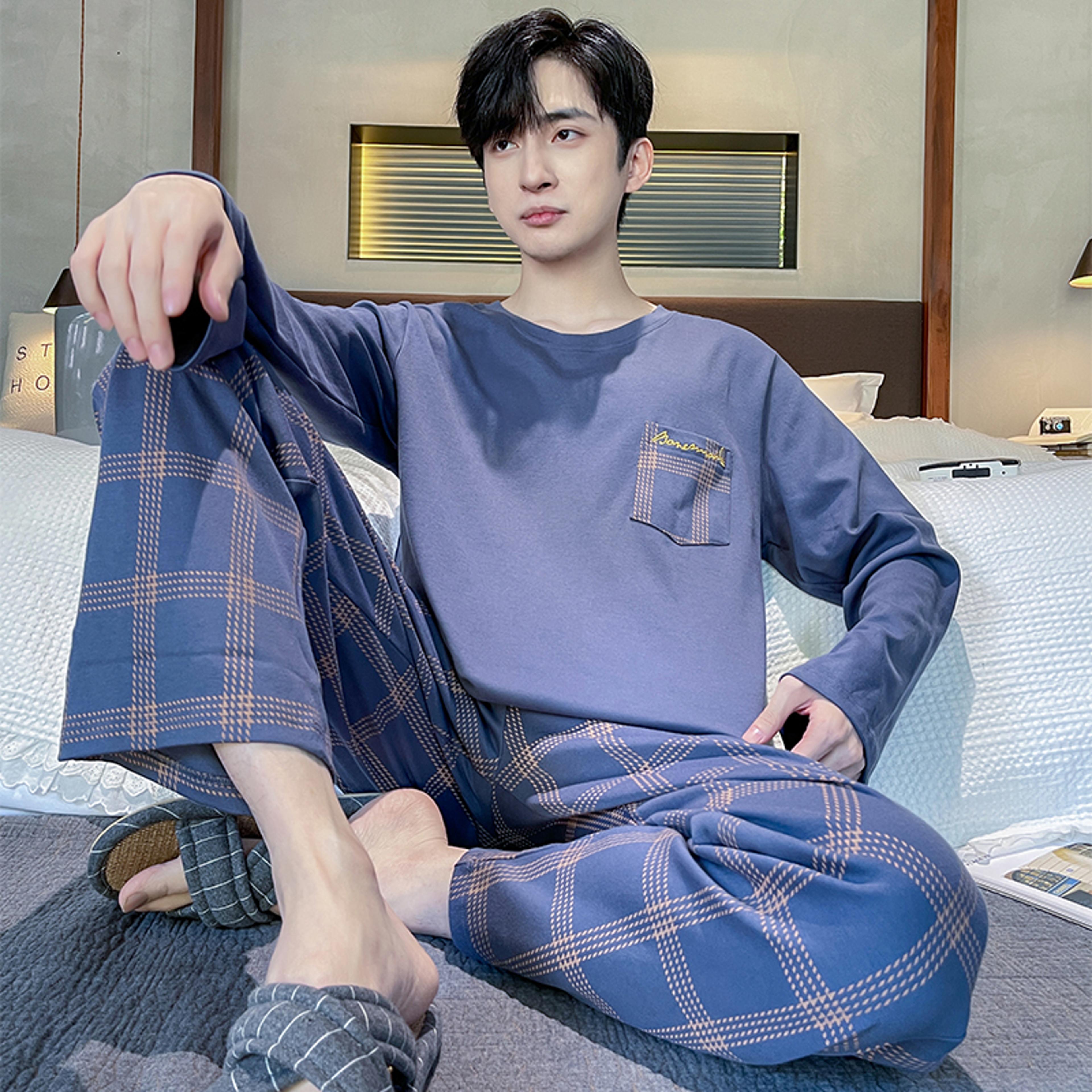 men's knitted pajama set plaid print long sleeve sleepwear with elastic waist