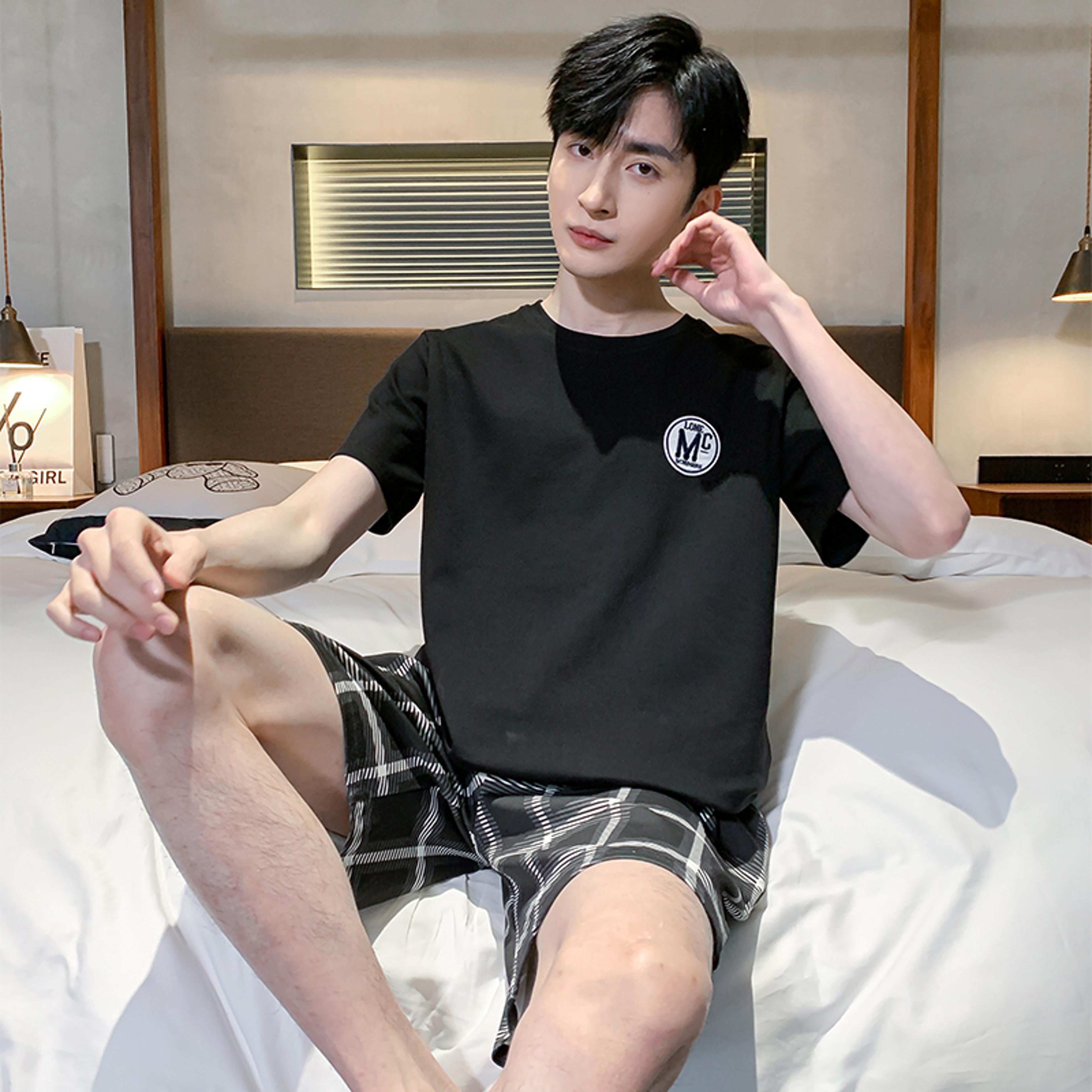 men's summer pajama set short sleeve printed knit sleepwear with elastic waist shorts