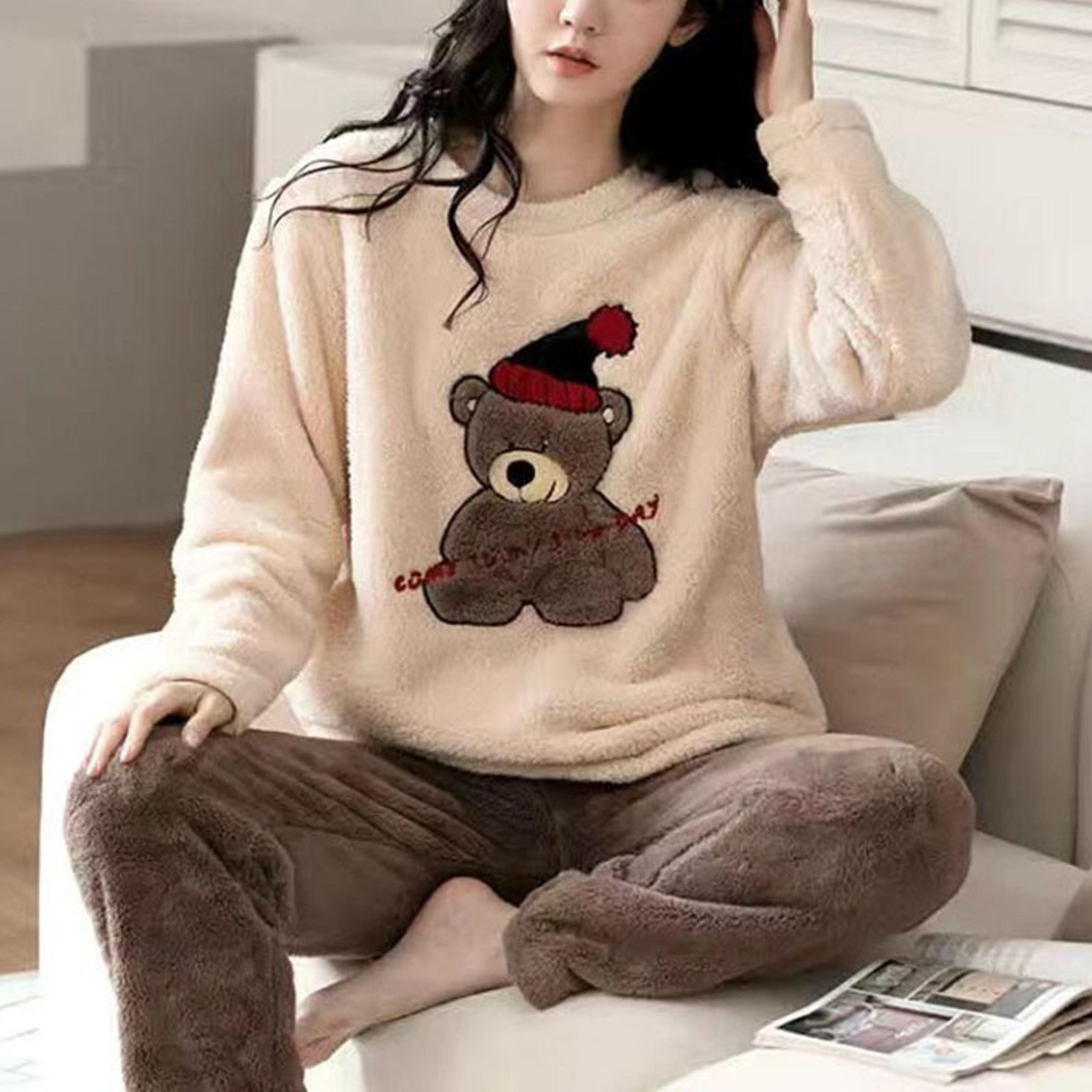 womens coral velvet pajama set thick long sleeve cartoon bear winter loungewear
