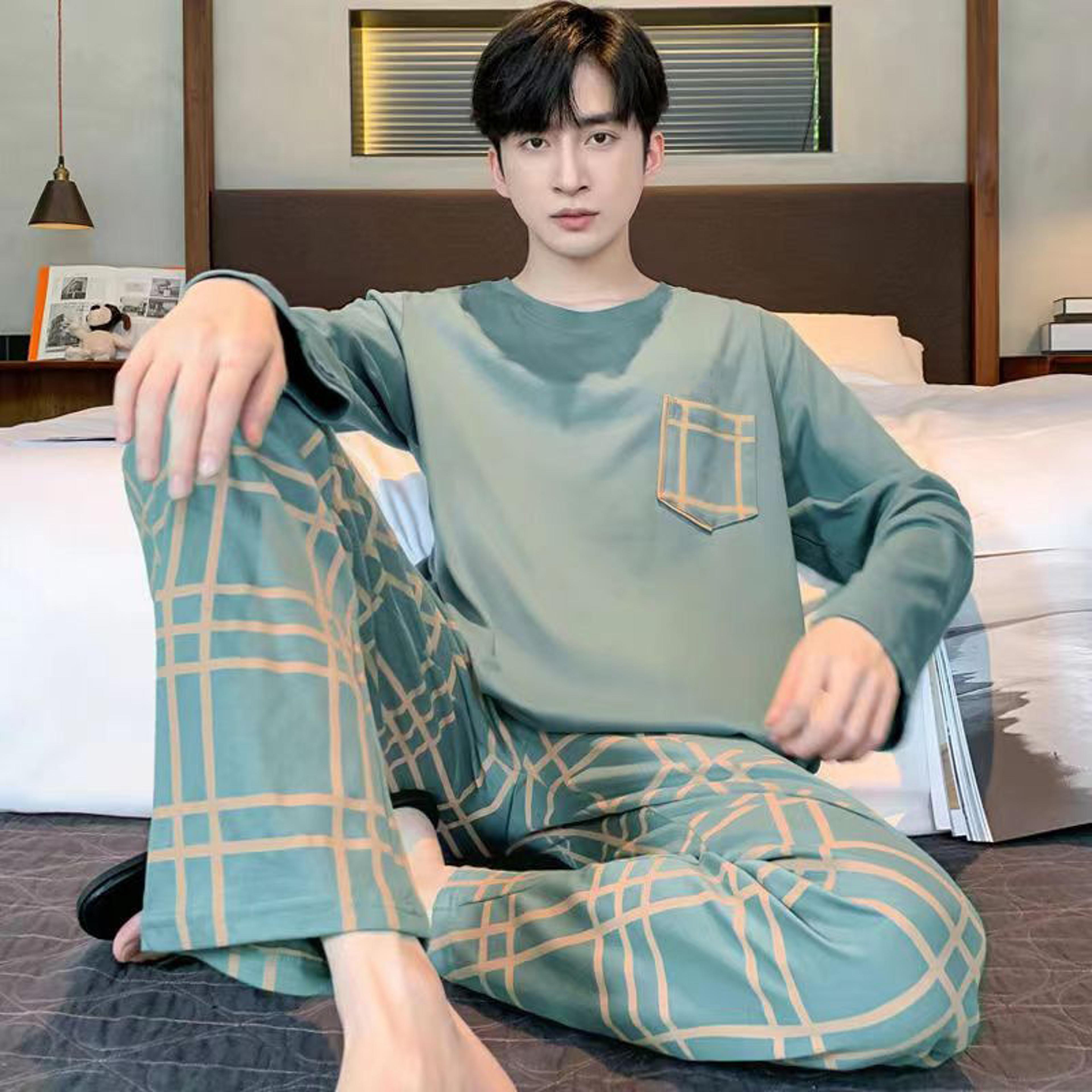 men's long sleeve pajama set with long pants and o-neck design