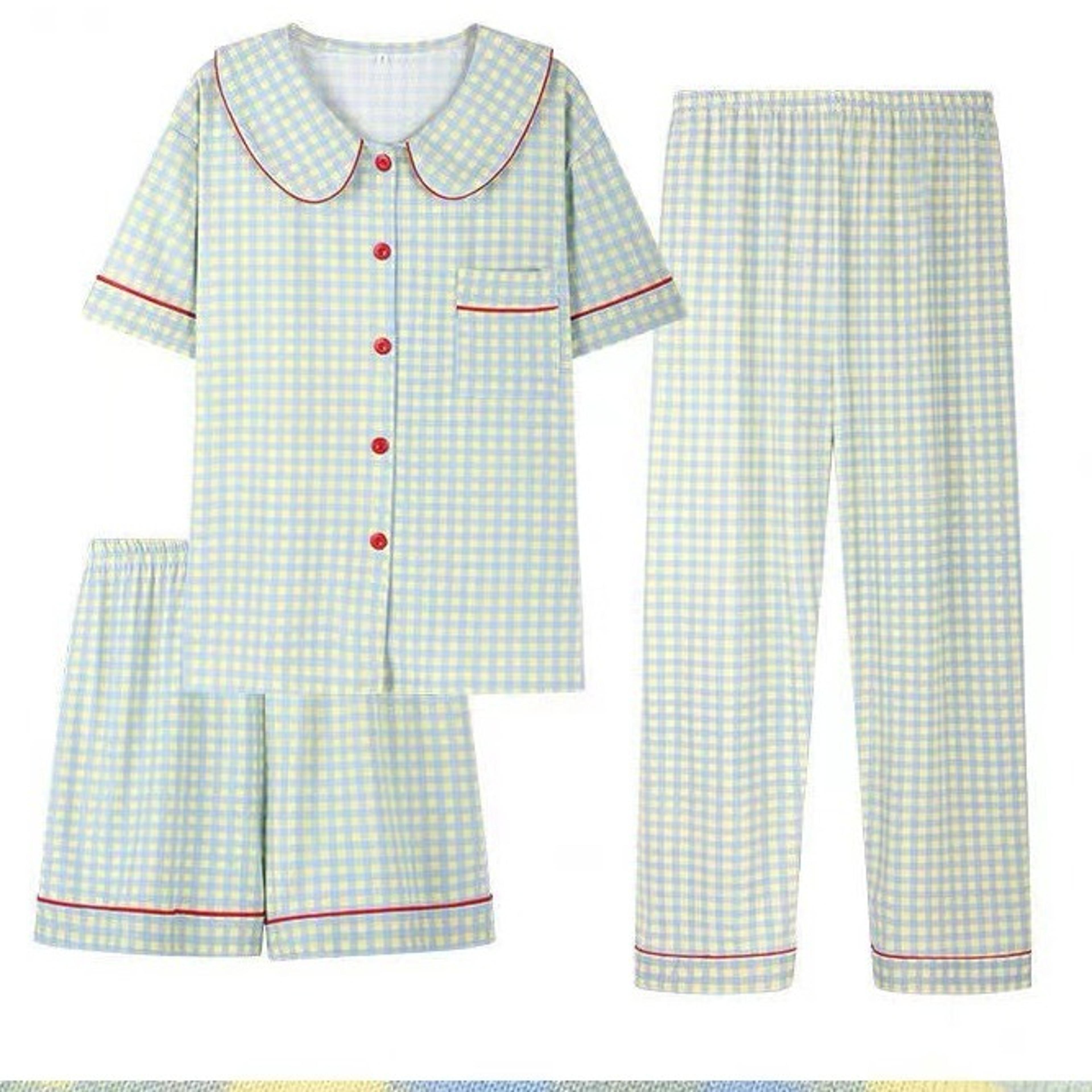 womens three-piece plaid pajama set with short sleeve cardigan and ankle-length pants