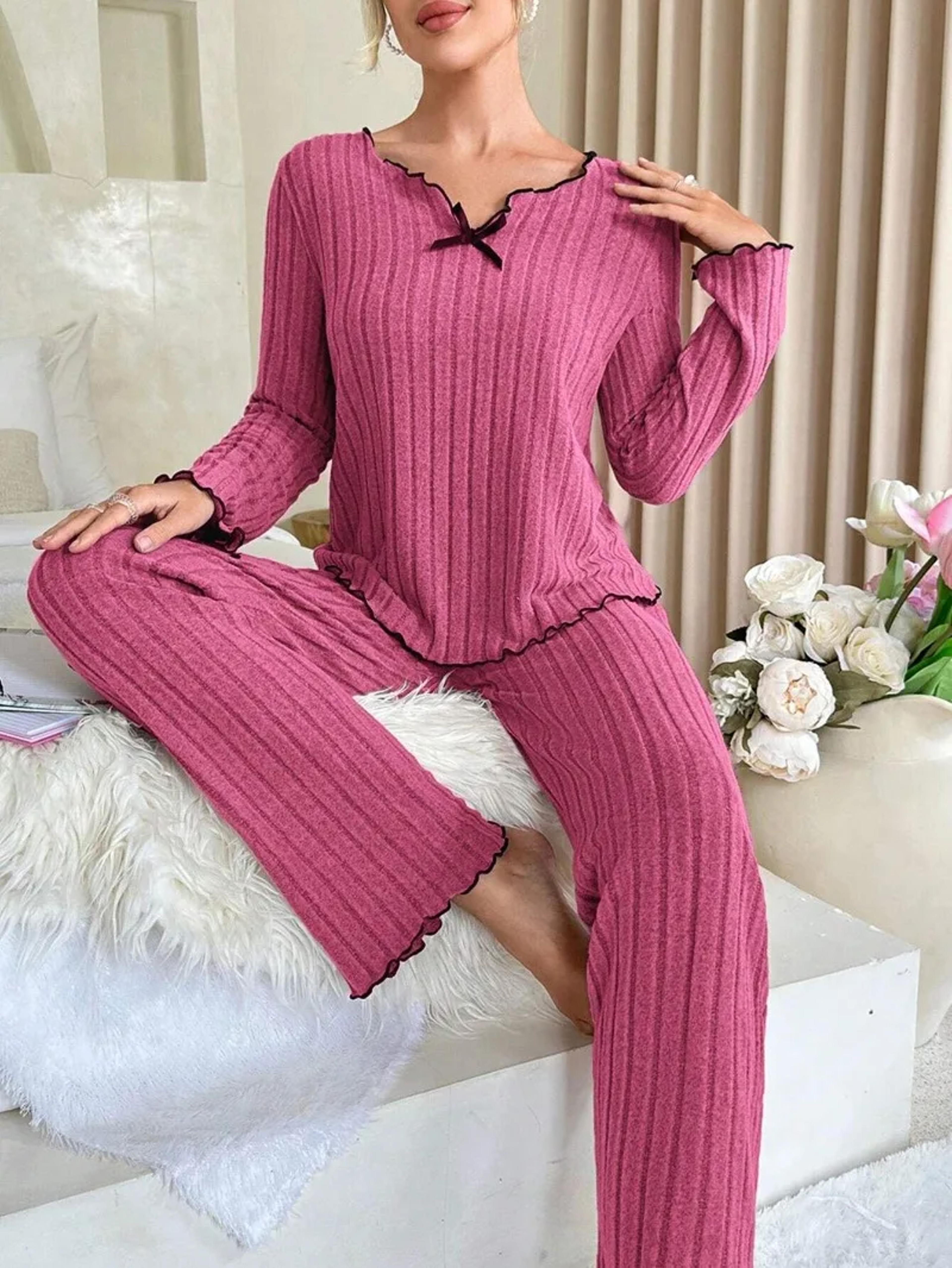 womens ribbed pajama set with v neck long sleeve top and ankle length pants