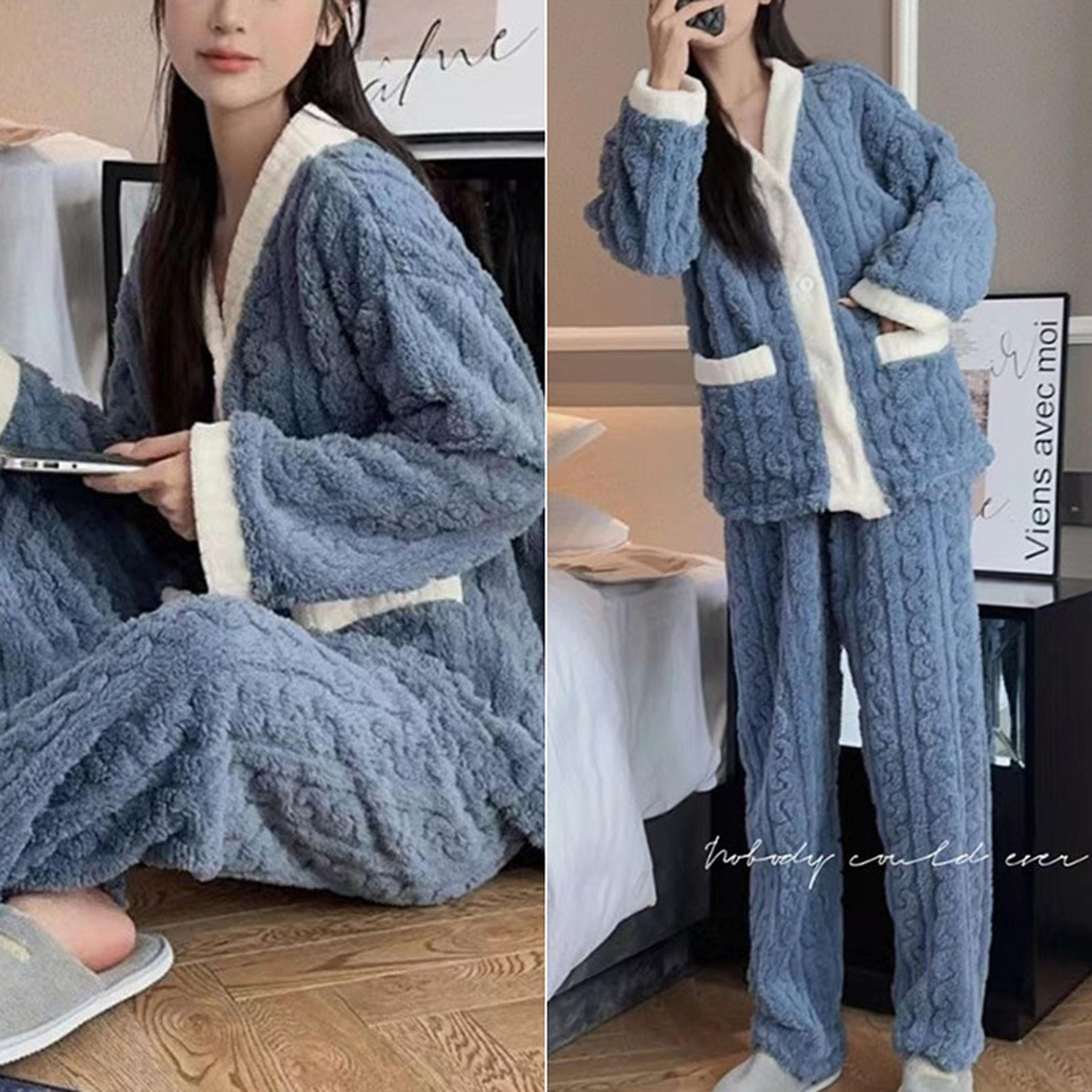 women's thick coral velvet pajama set with v-neck cardigan and pants