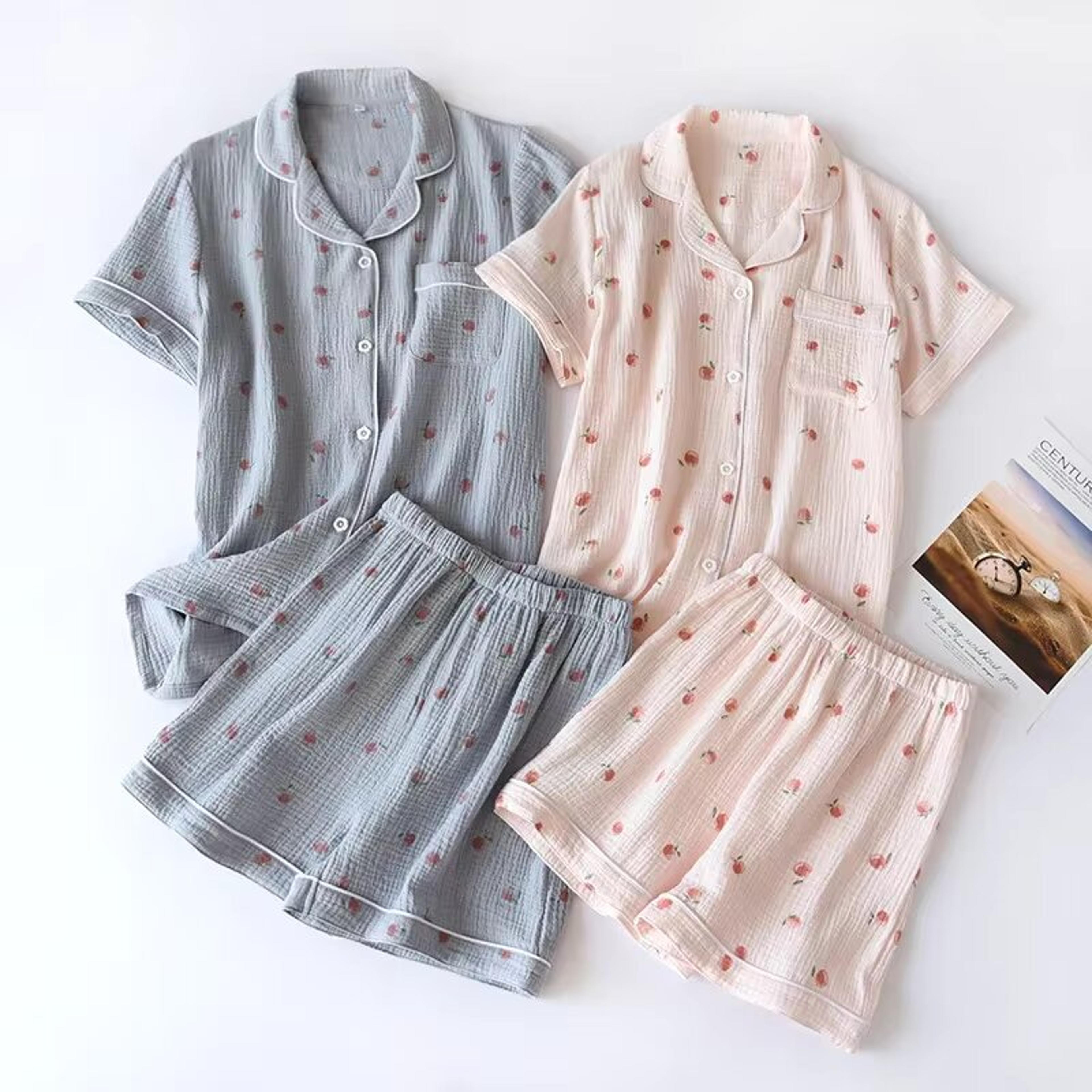 women's cotton short sleeve pajama set with shorts and turn-down collar