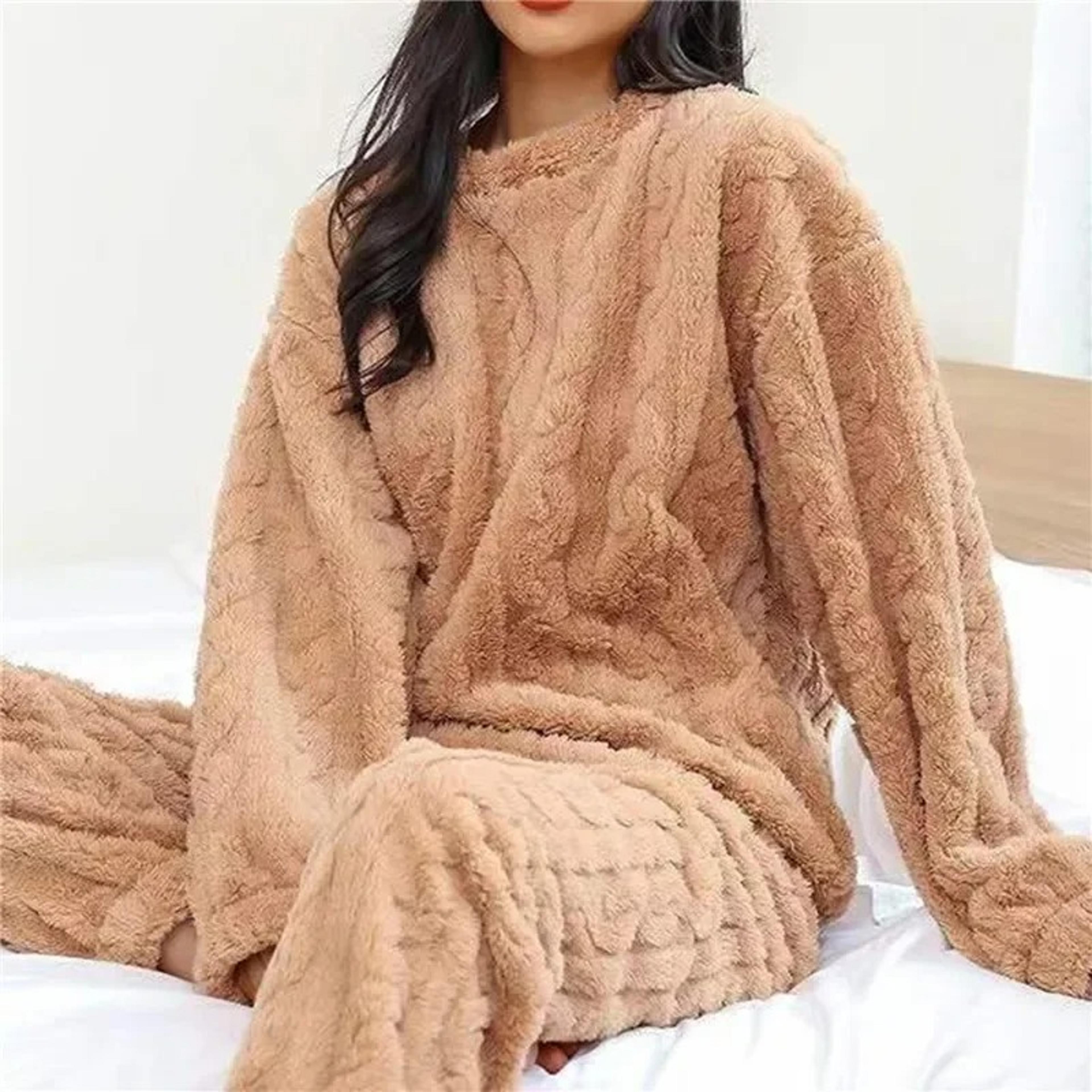womens winter pajama set thick fluffy polyester sleepwear with full sleeves