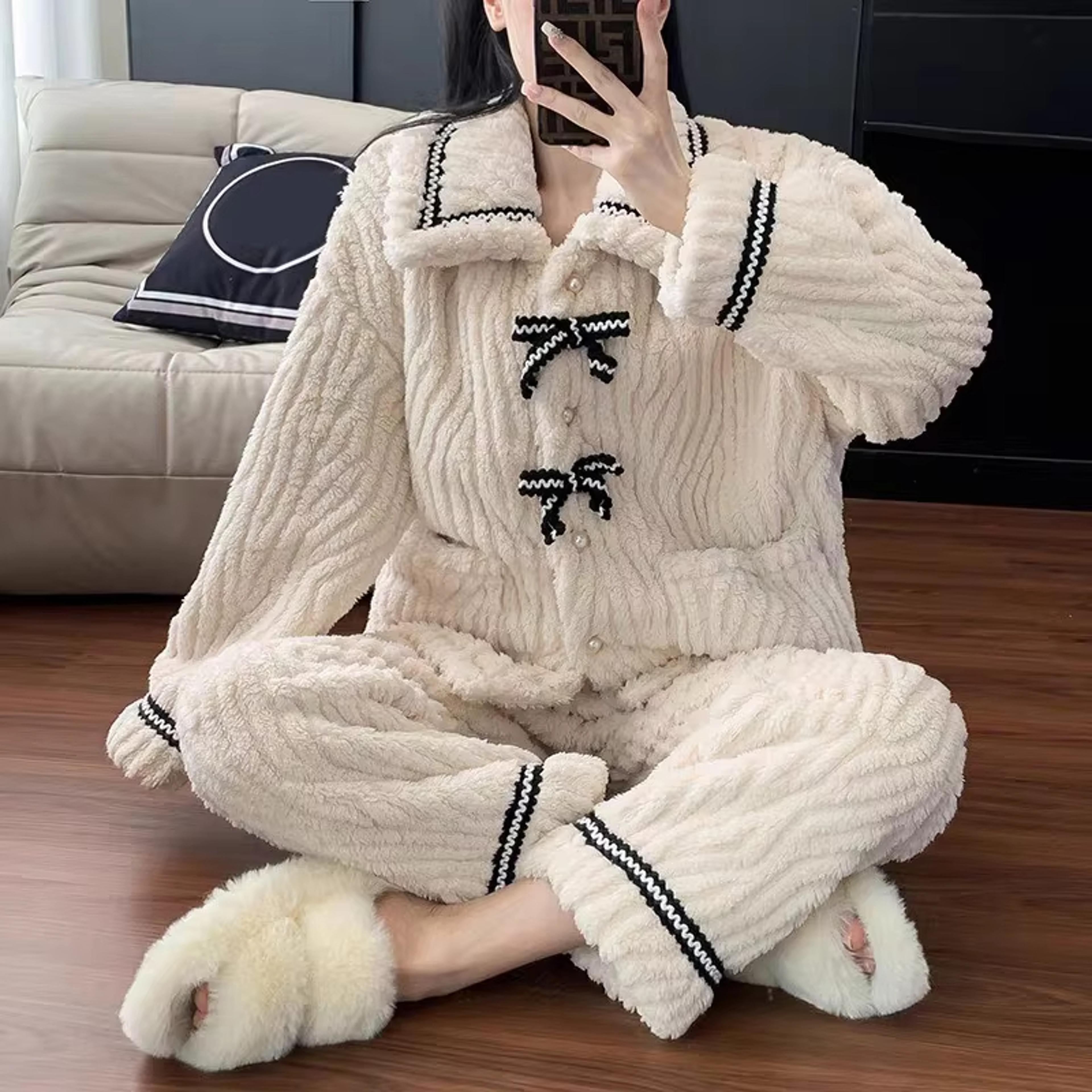 womens 2 piece thick winter pajama set with turn-down collar and full-length design