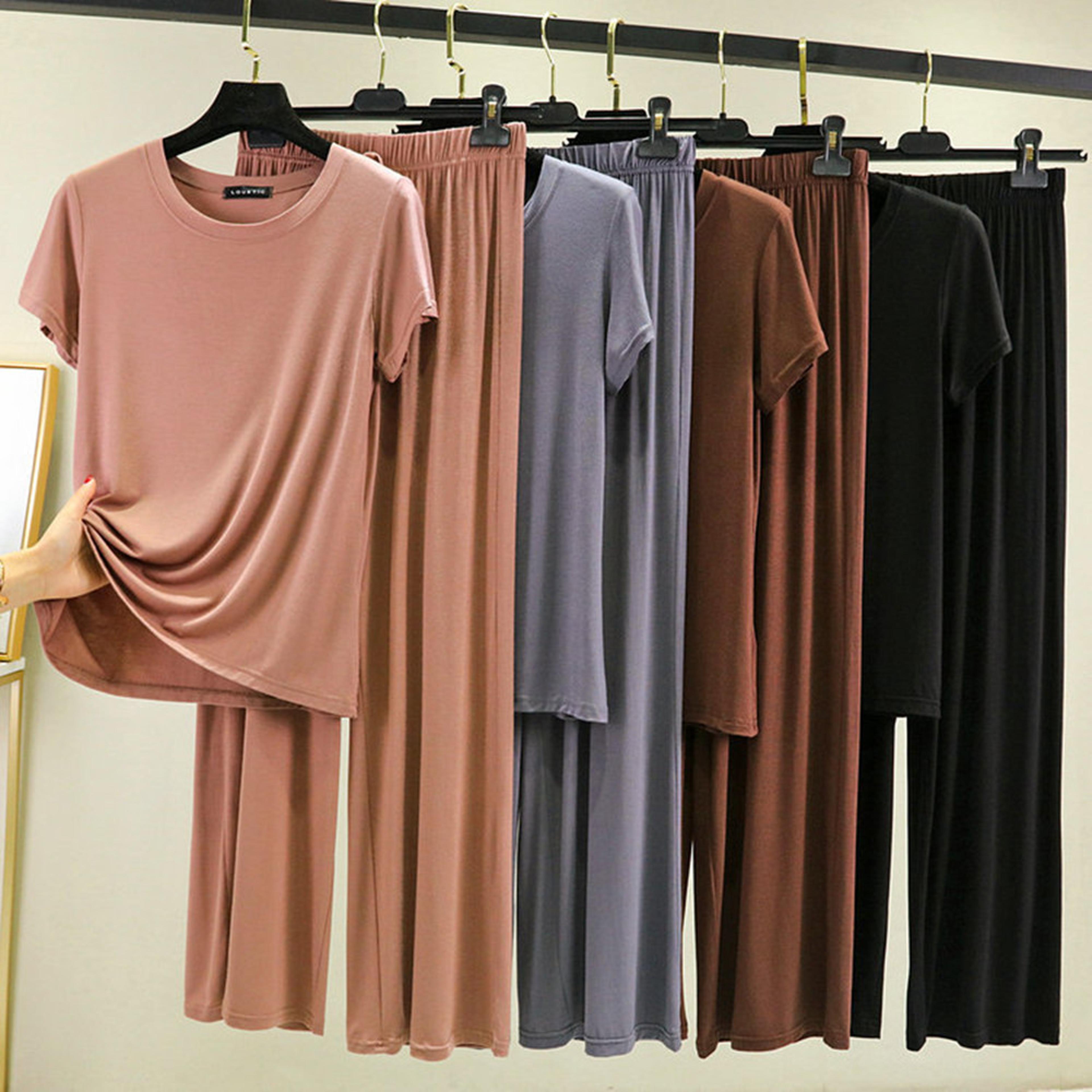 modal pajama set for women short sleeve full length summer sleepwear