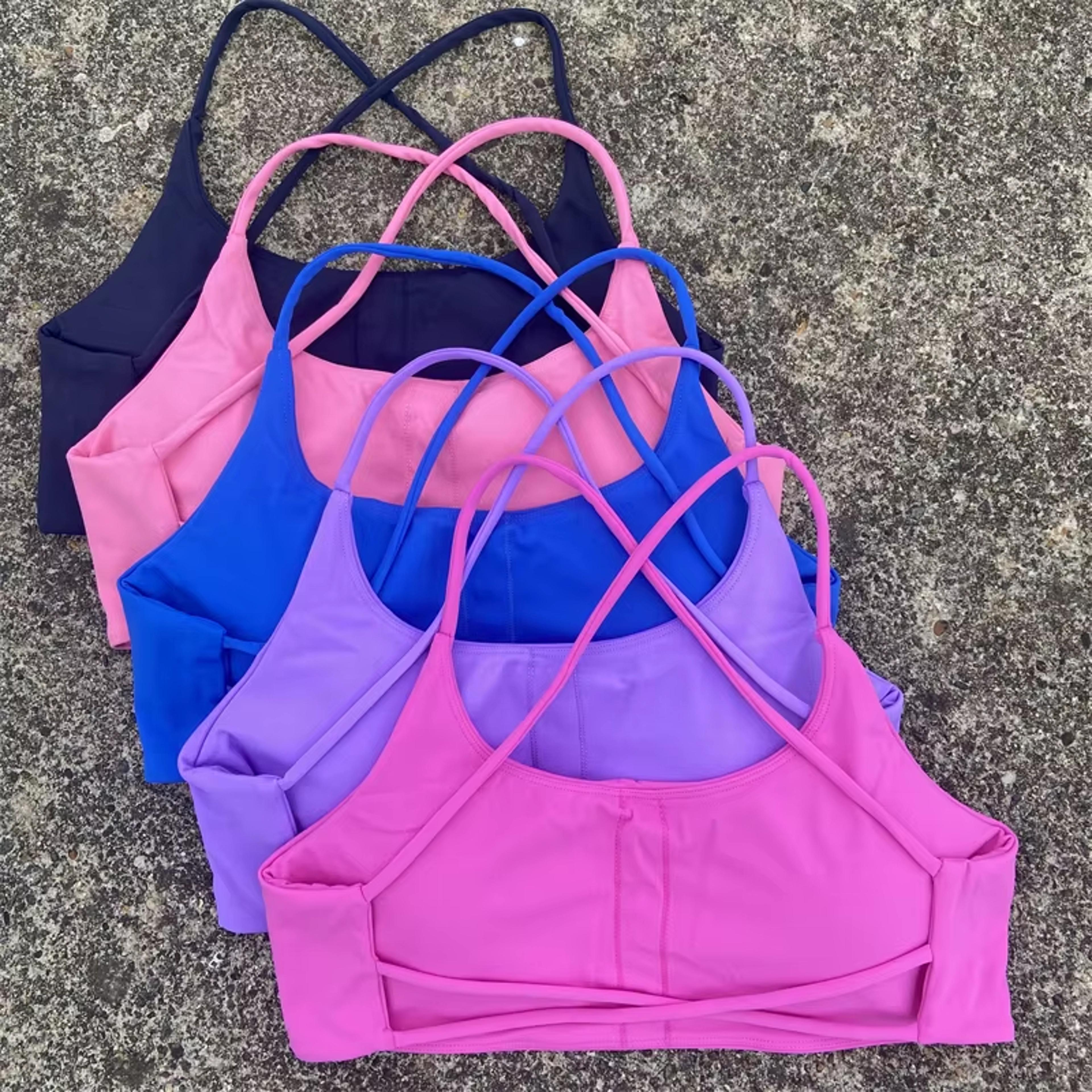 cross back sports bra with spaghetti straps and breathable stretch fabric