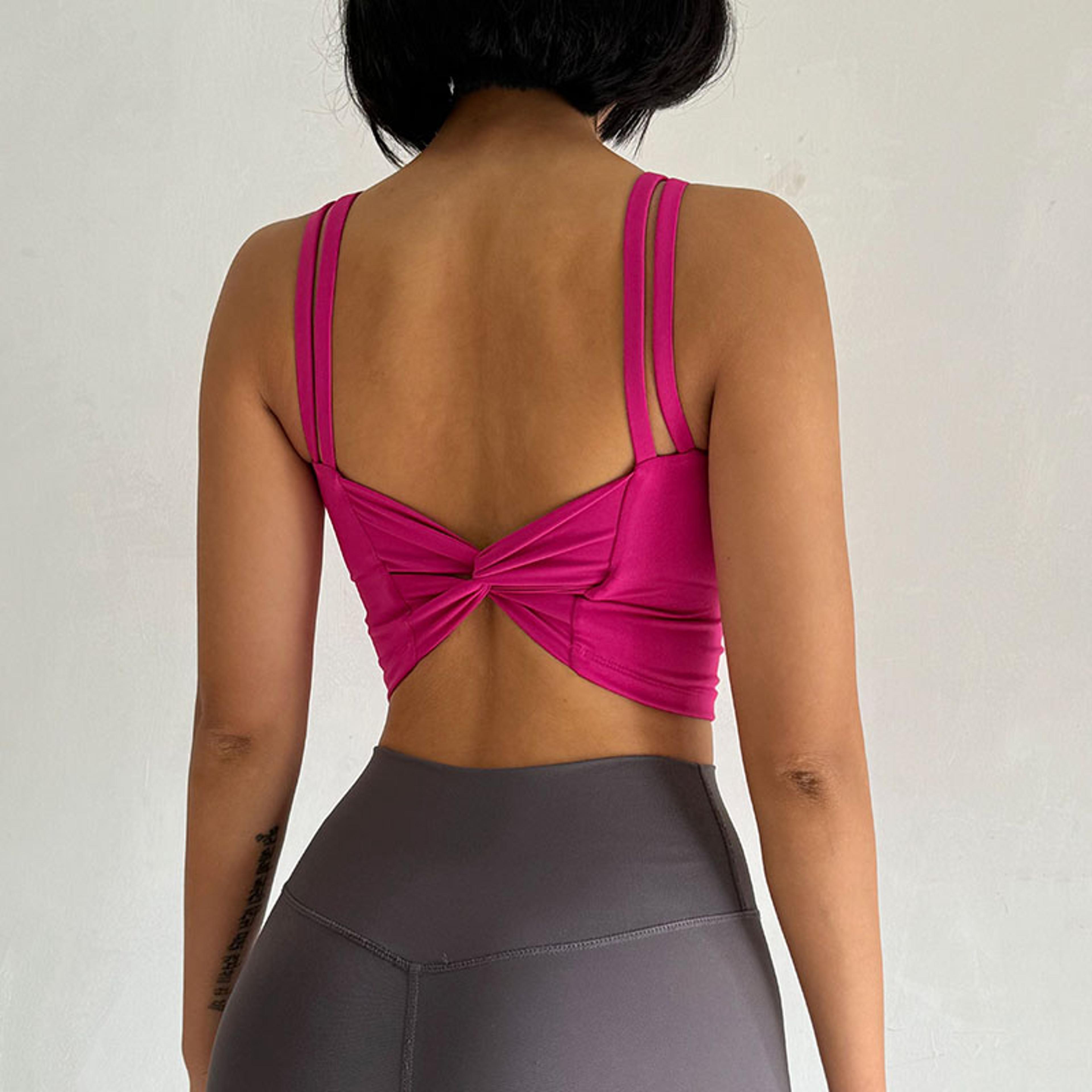 women's nylon yoga sports bra with fixed pads and back knot