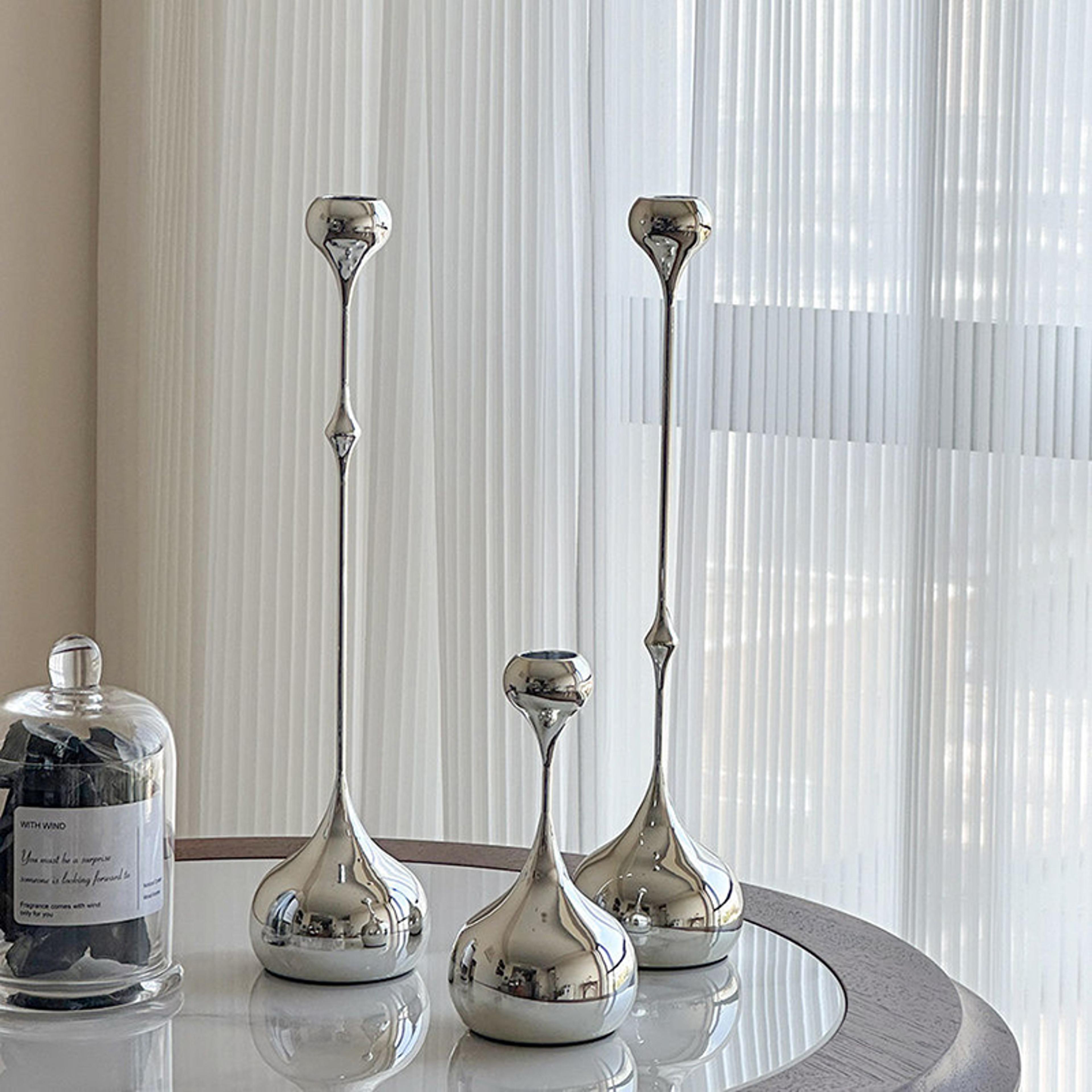 3-piece silver stainless steel candle holder set for stick candles