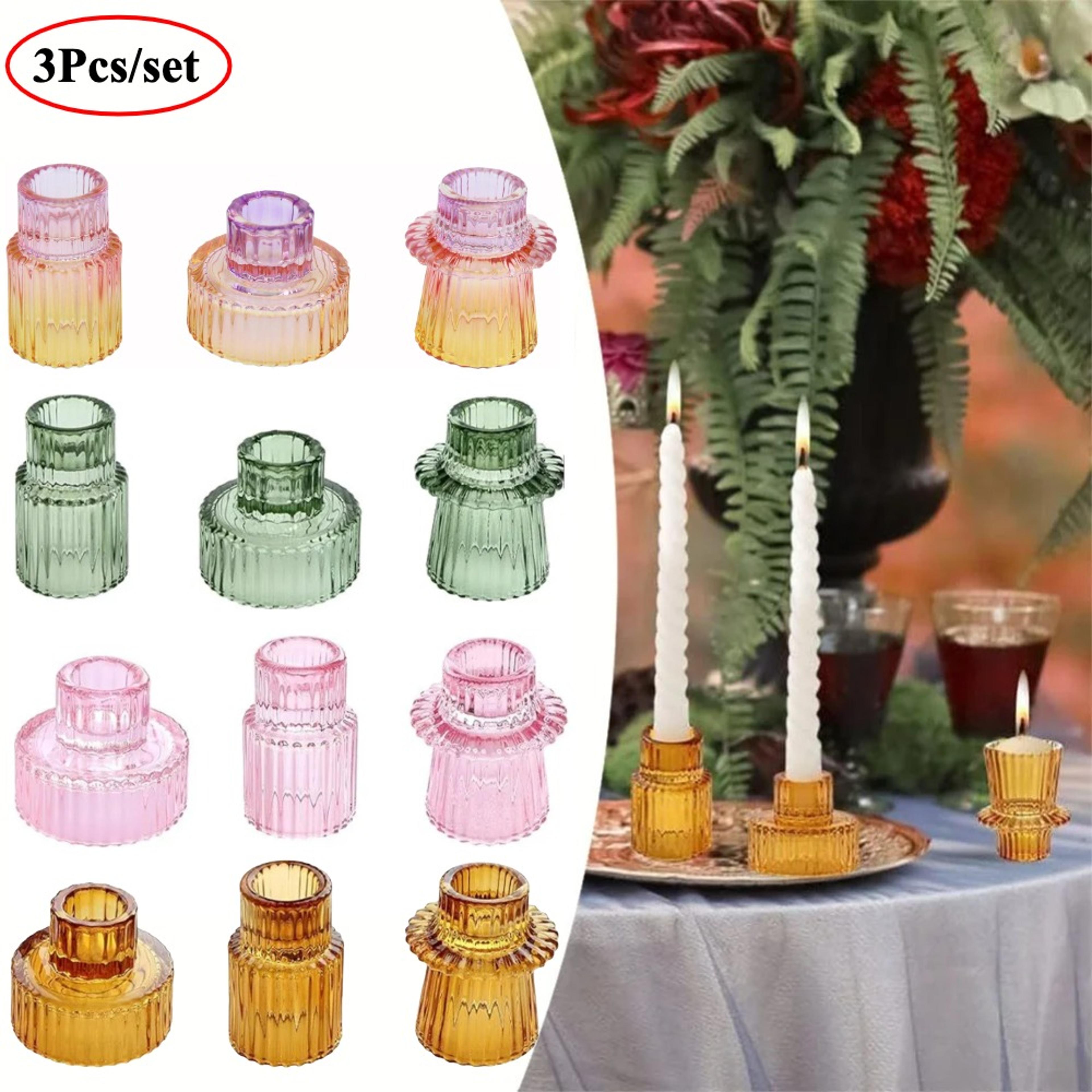 3-piece double-sided ribbed glass candle holder set for taper tealight and pillar candles
