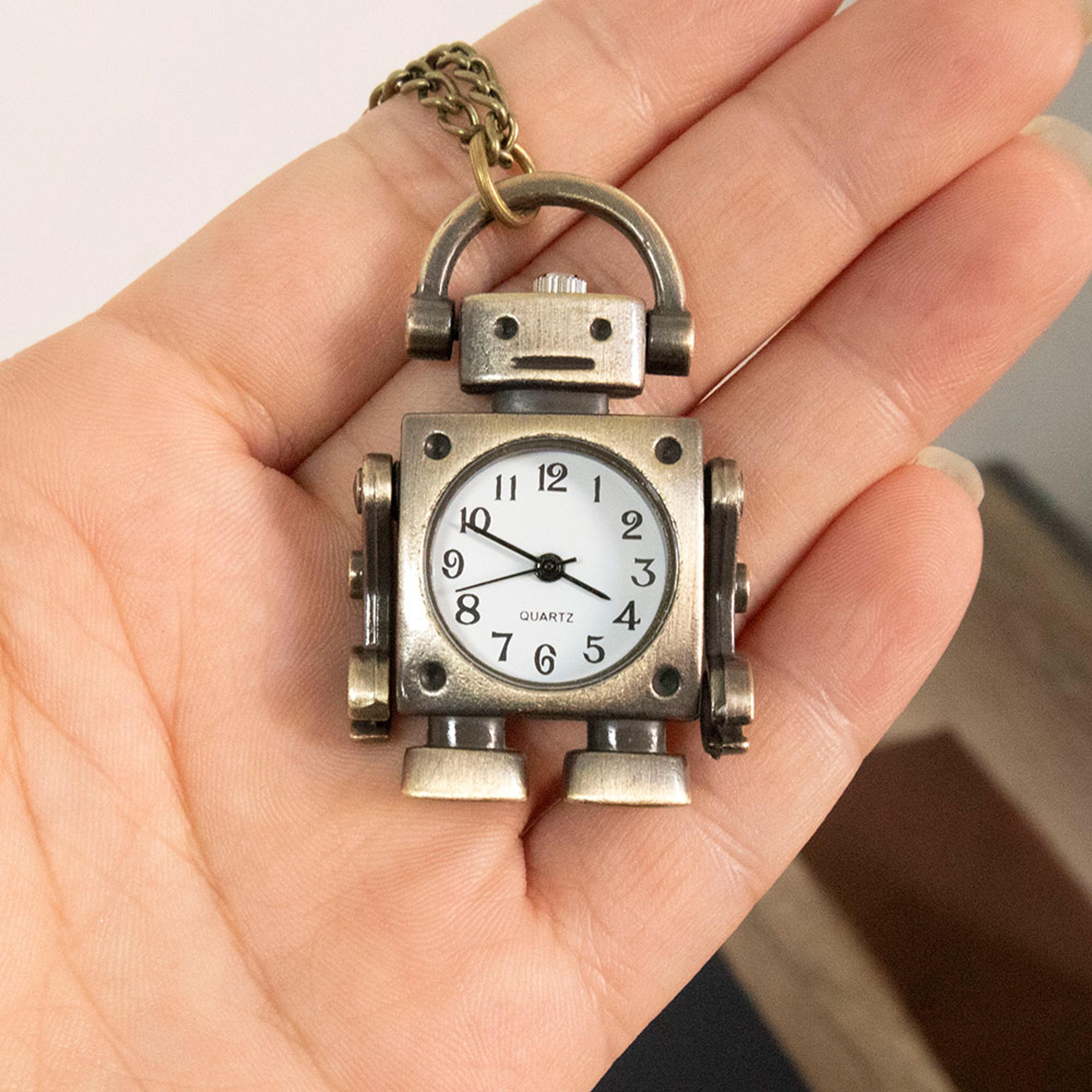 robot quartz pocket watch with arabic numerals and round antique style dial