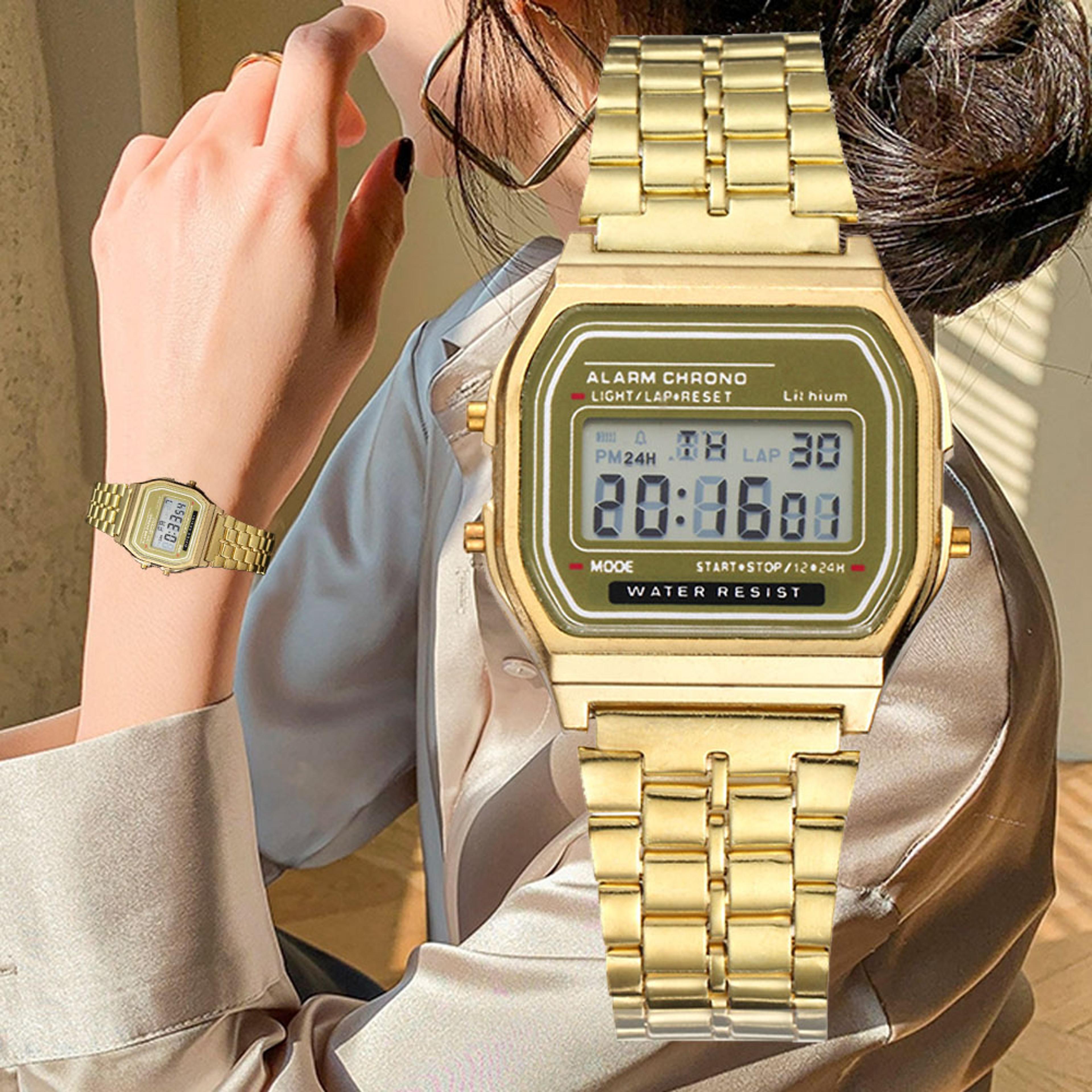 elegant digital watch for women with stainless steel bracelet and rectangular display